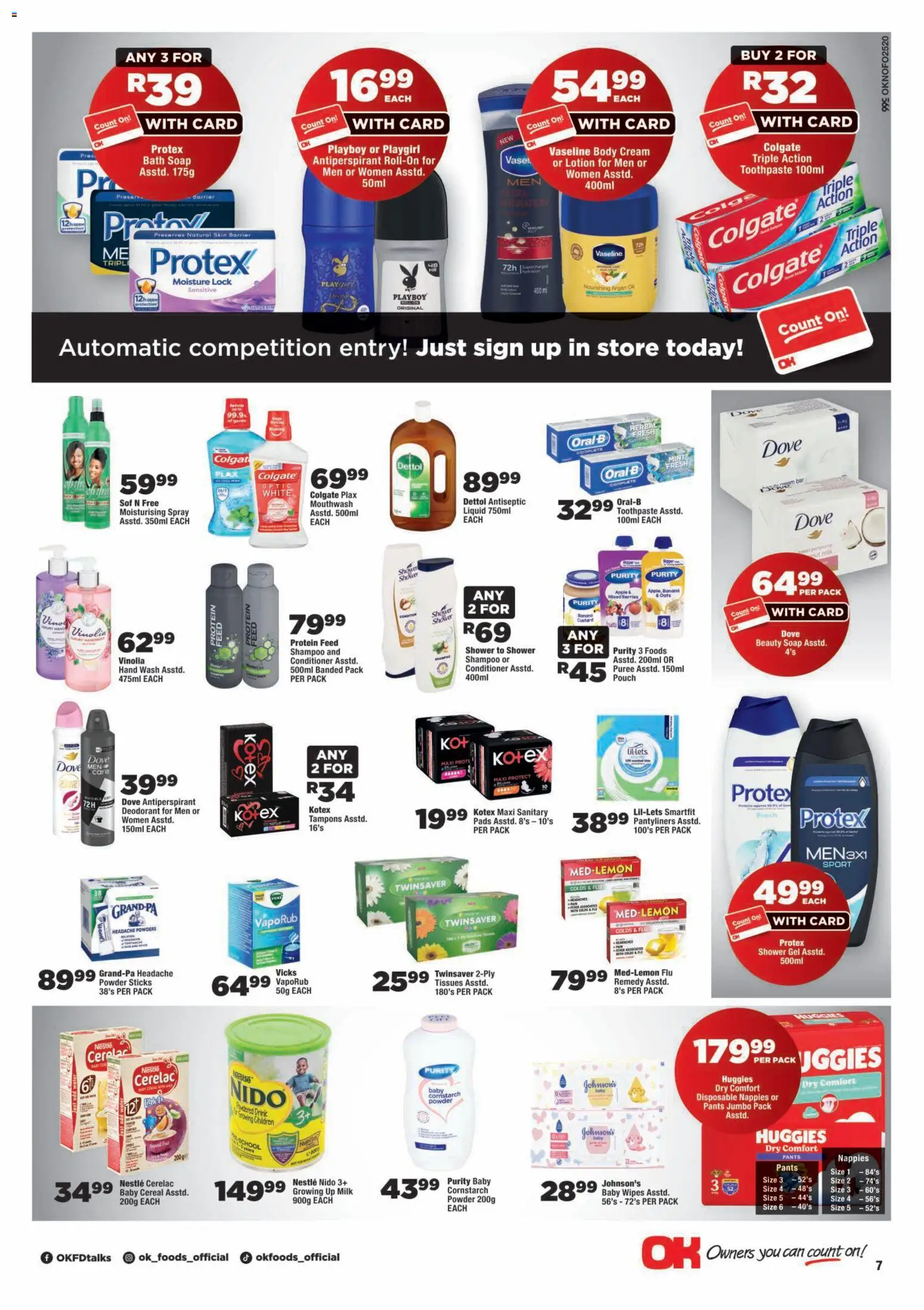 New OK Foods catalogue – valid from 25/08/2026 | Page: 7 | Products: Custard, Toothpaste, Mouthwash, Tissues