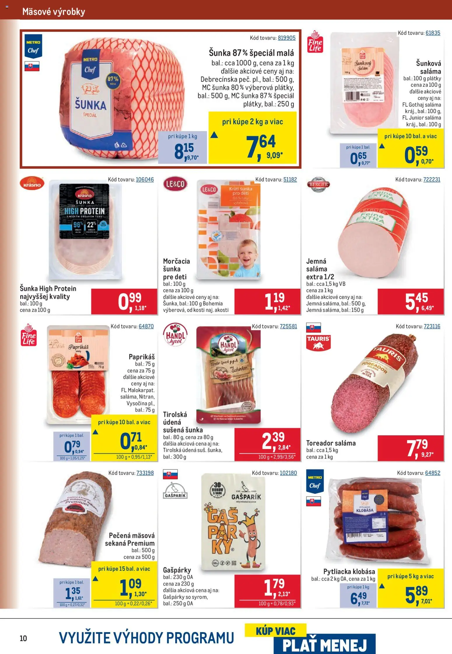 Nové Metro akcie – leták je platný od 07.10.2026 | Strana: 10 | Produkty: Saláma, Šunka, Klobása, Protein