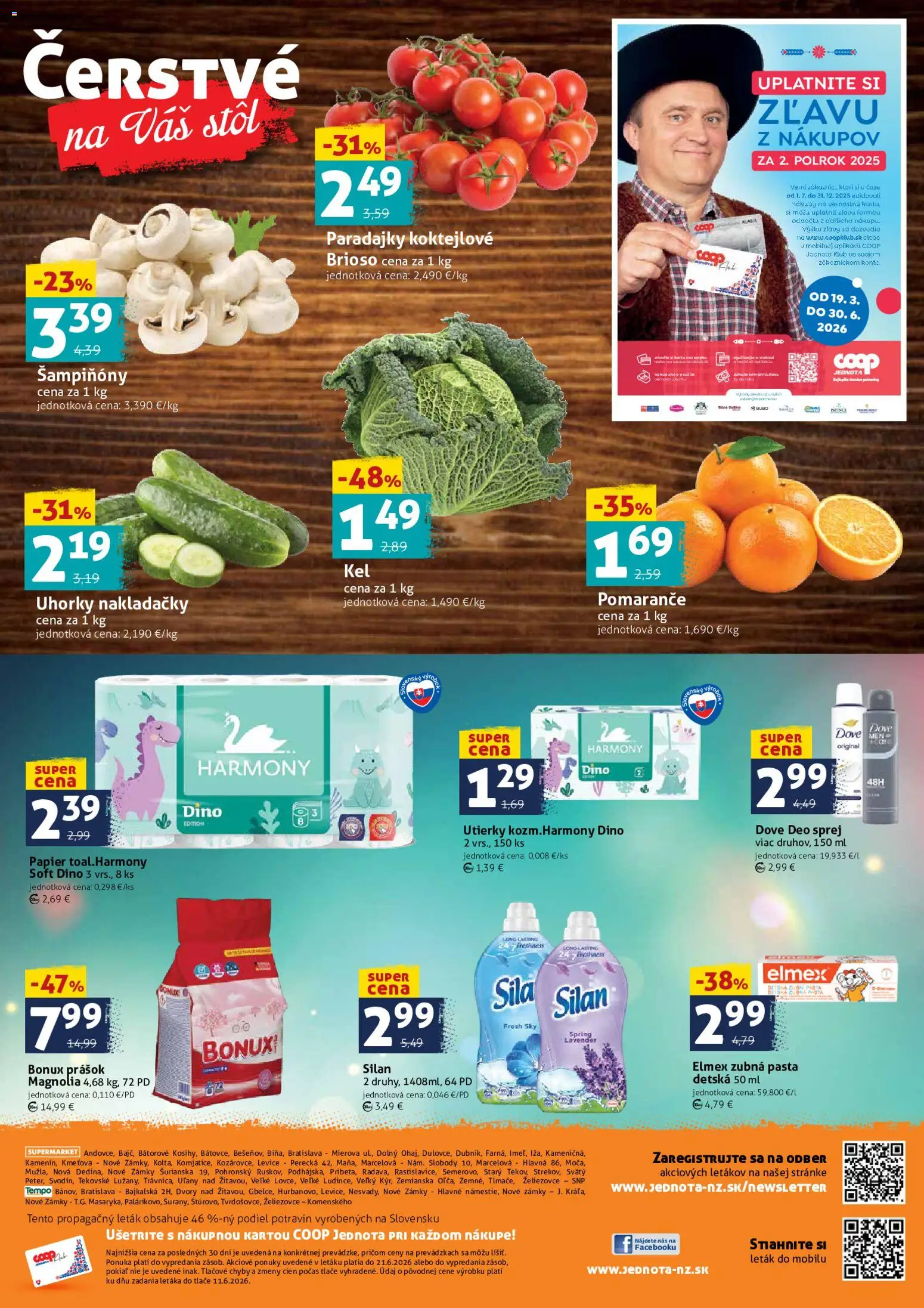 Nové COOP Jednota akcie – leták je platný od 19.06.2026 | Strana: 4 | Produkty: Stôl, Pomaranče, Paradajky