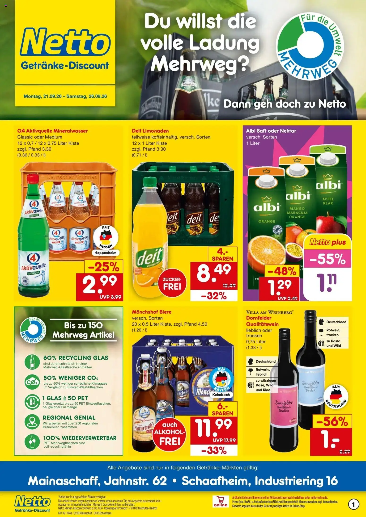 Netto Marken-Discount Prospekt Mainaschaff – gültig ab 21.09.2026 | Seite: 1 | Produkte: Äpfel, Alkohol, Zucker, Mango