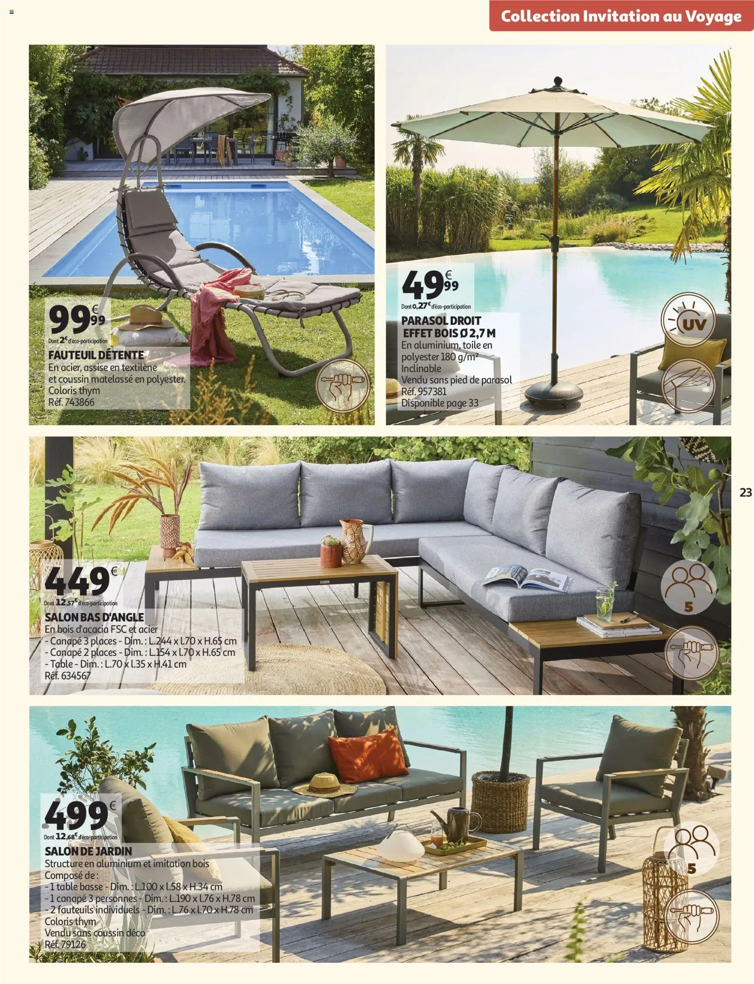 {H1} | Page: 23 | Produits: Salon de jardin, Fauteuil, Table basse, Parasol