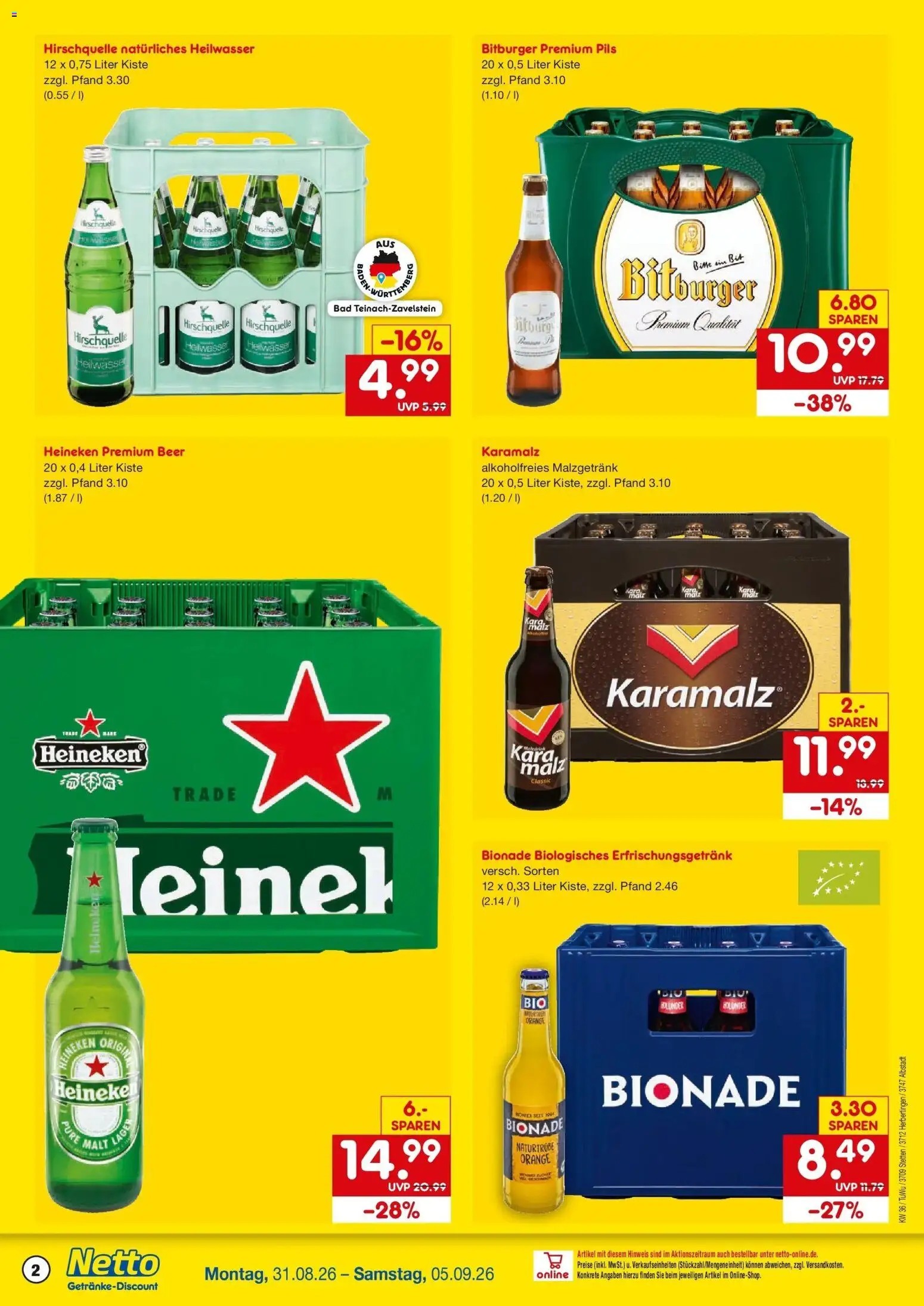 Netto Marken-Discount Prospekt Albstadt-Onstmettingen (ab 31.08.2026) » Angebote | Seite: 2 | Produkte: Bitburger, Pils, Bionade, Heineken