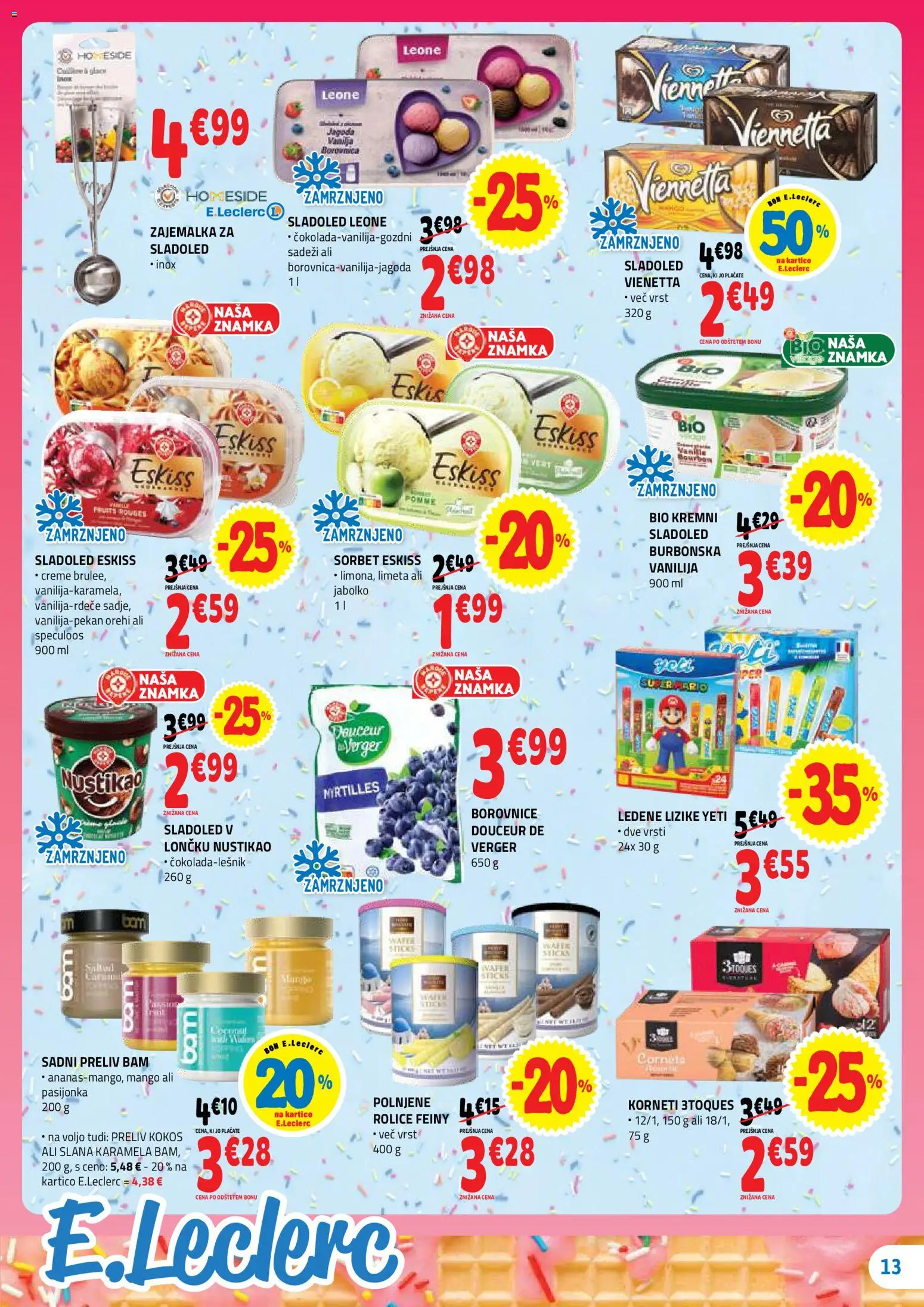 Novi E.leclerc katalog ponudbe – veljaven od 08.07.2026 | Stran: 13 | Izdelki: Limeta, Borovnice, Sladoled, Mango