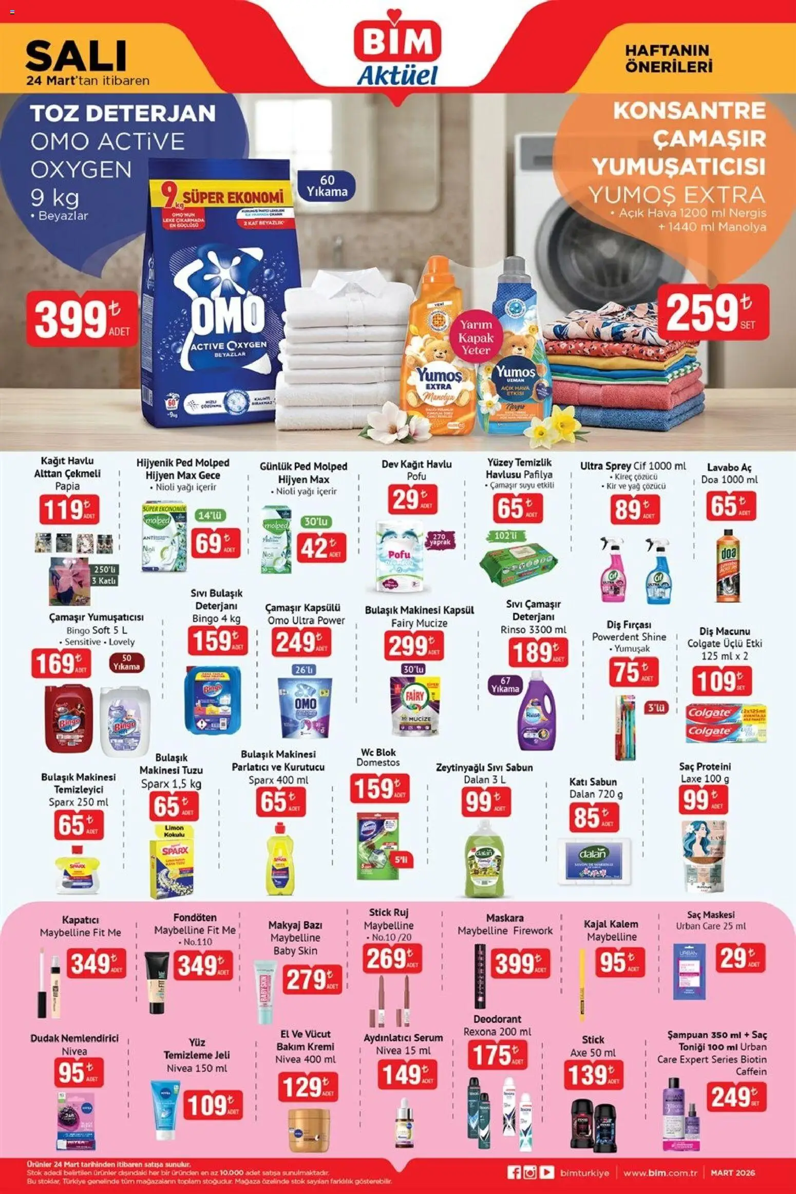 BİM Katalog - 24.03.2026 tarihinden itibaren geçerlidir | Sayfa: 1 | Ürünler: Hijyenik ped, Deterjan, Kapatıcı, Yağ çözücü
