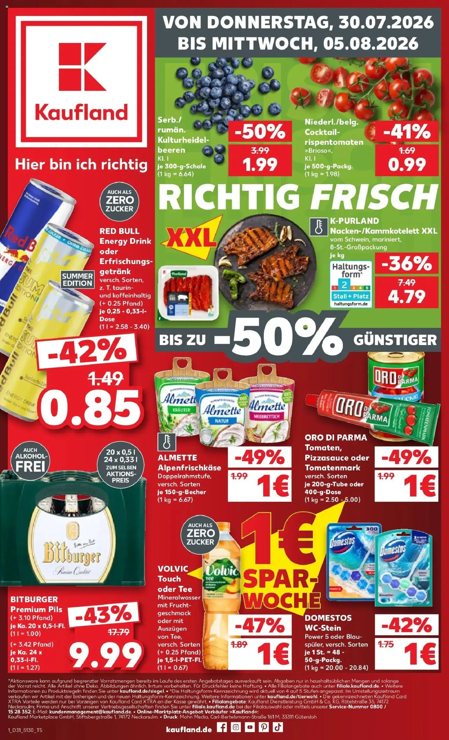 Kaufland Prospekt Buchen – gültig ab 30.07.2026 | Seite: 1 | Produkte: Bitburger, Almette, Mineralwasser, Volvic