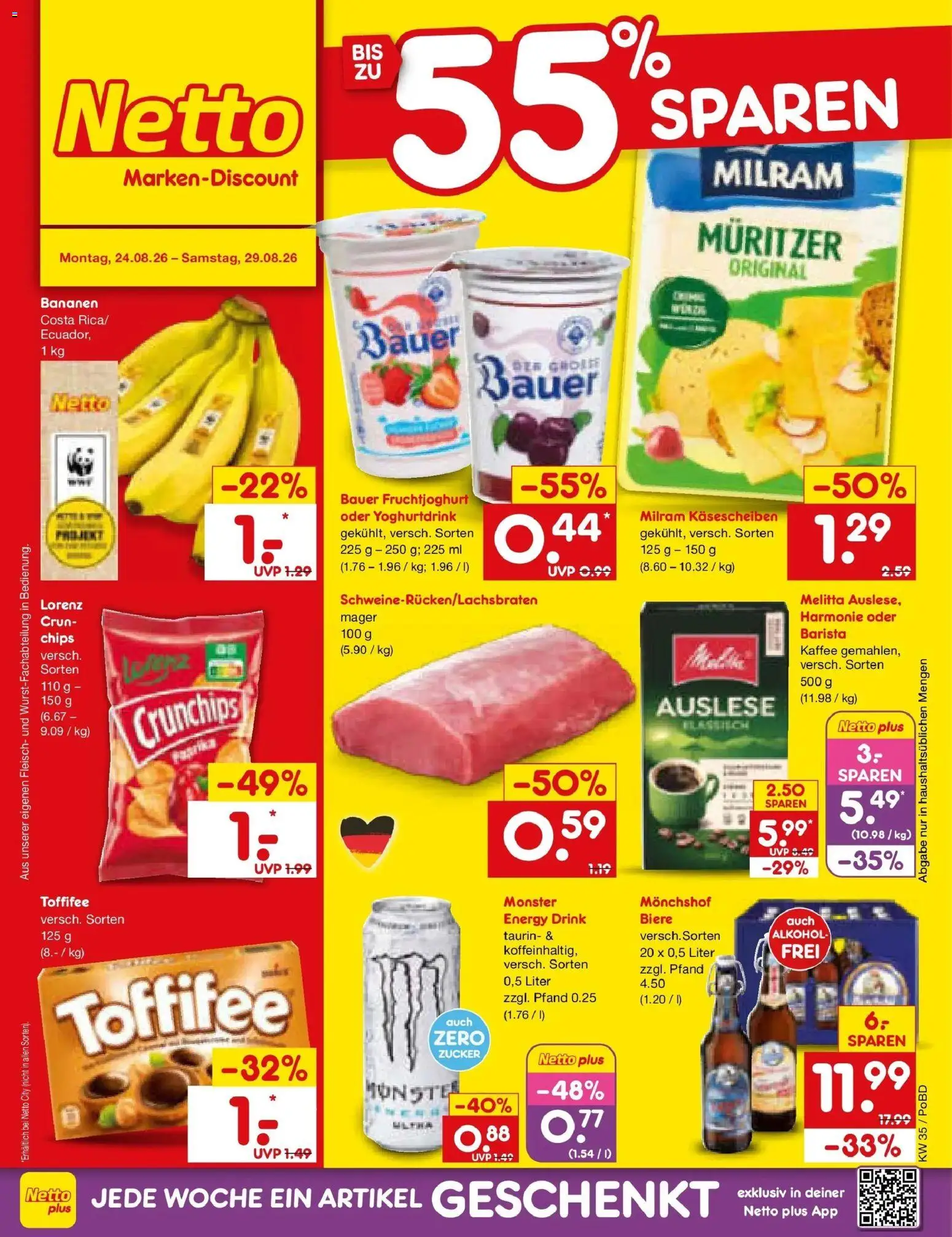Netto Marken-Discount Prospekt Selb – gültig ab 24.08.2026 | Seite: 1 | Produkte: Monchshof, Energy, Bananen, Toffifee