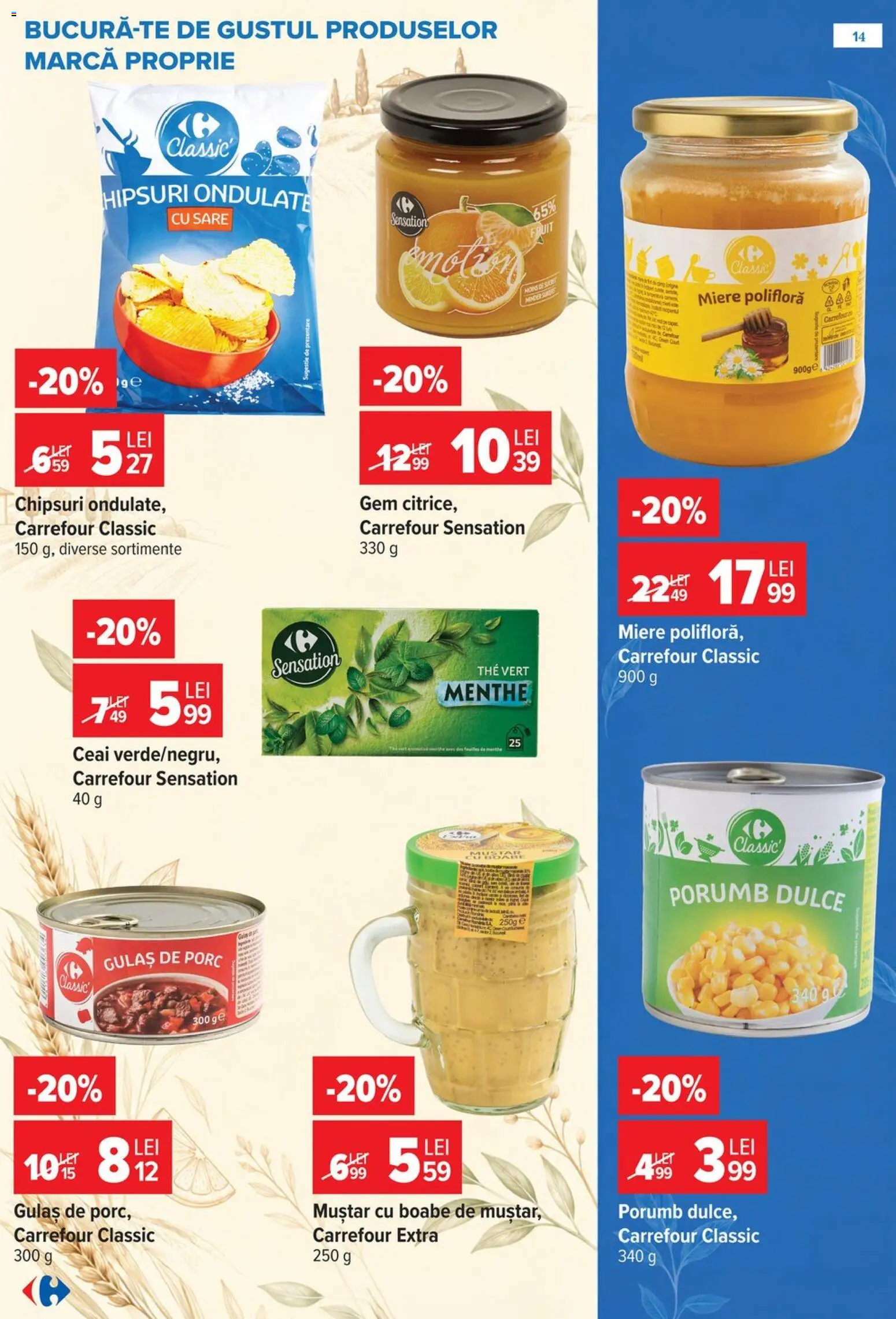 Noul catalog Carrefour – valabil de la 14.10.2026 | Pagină: 14 | Produse: Carrefour Classic, Miere polifloră, Chipsuri, Gulaș
