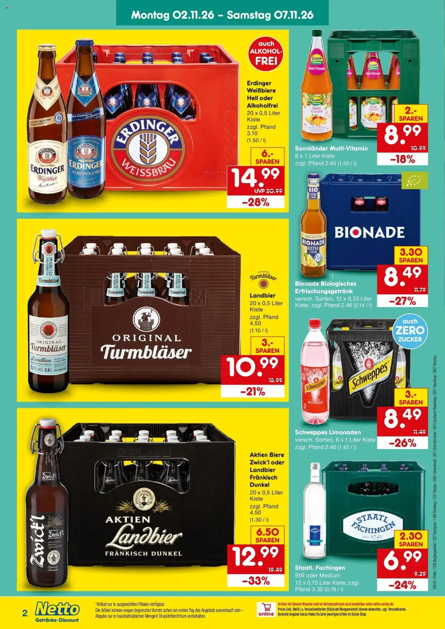 Netto Marken-Discount Prospekt Burglengenfeld – gültig ab 02.11.2026 | Seite: 2 | Produkte: Erdinger, Bionade, Schweppes, Zucker