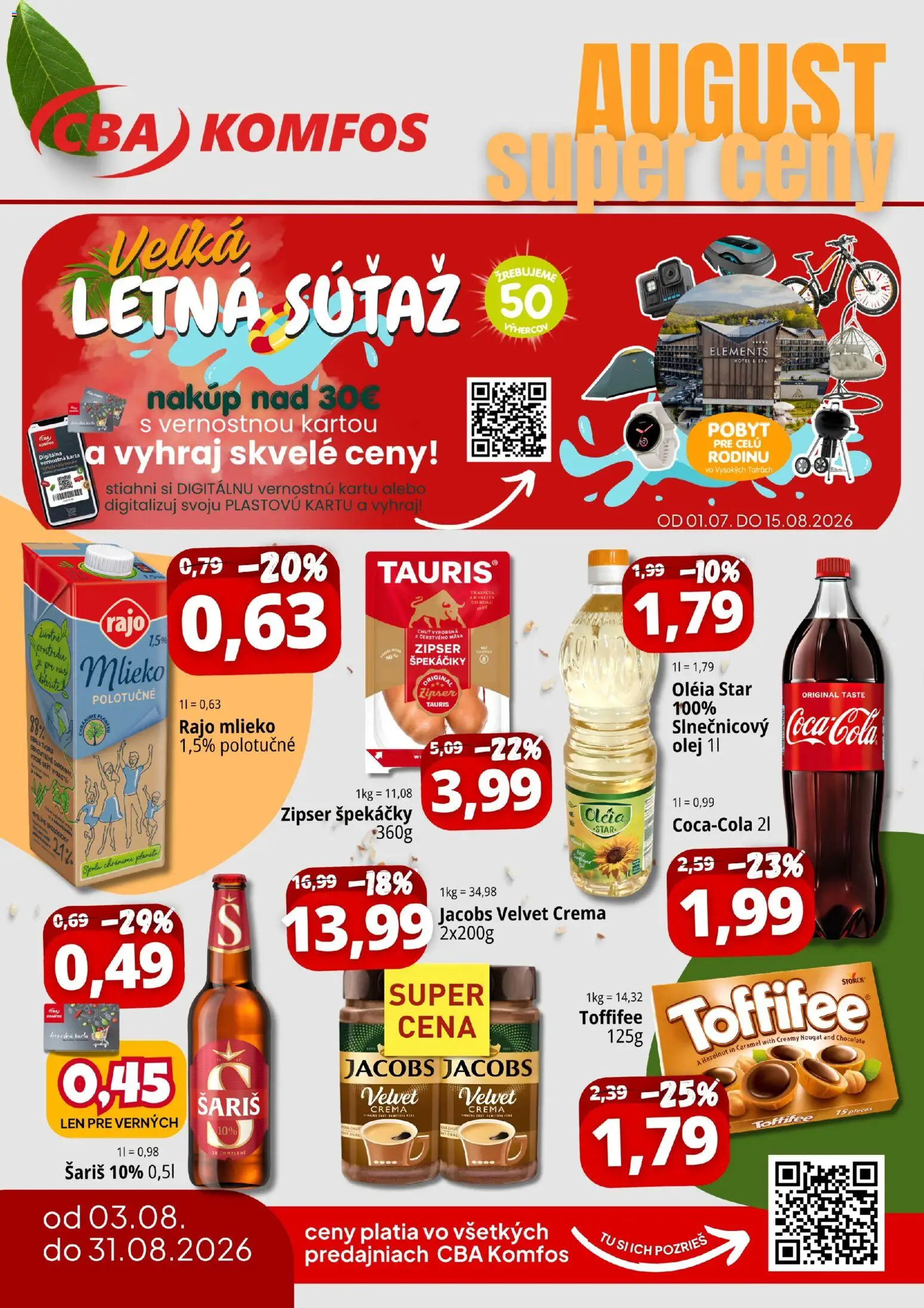 Nové CBA Komfos akcie – leták je platný od 03.08.2026 | Strana: 1 | Produkty: Olej, Toffifee, Šariš, Slnečnicový olej