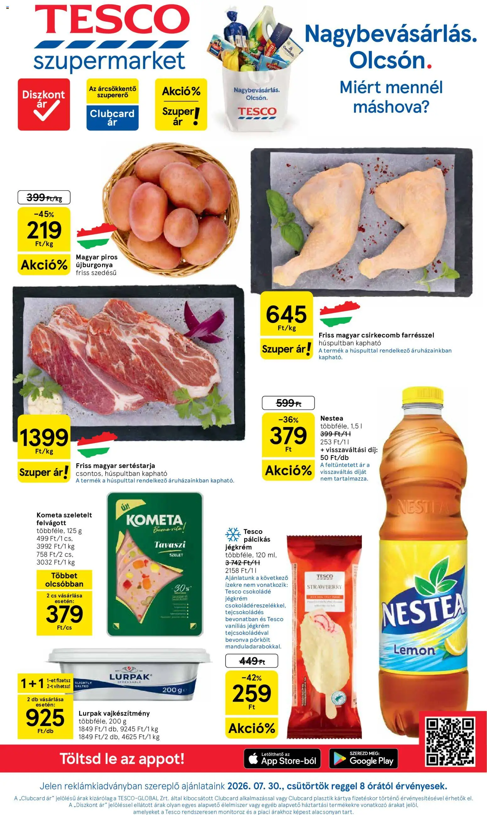 Tesco akciós ujság - amely érvényes a következő dátumtól: 2026.07.30. | Oldal: 1 | Termékek: Sertéstarja, Felvágott, Jégkrém, Csirkecomb