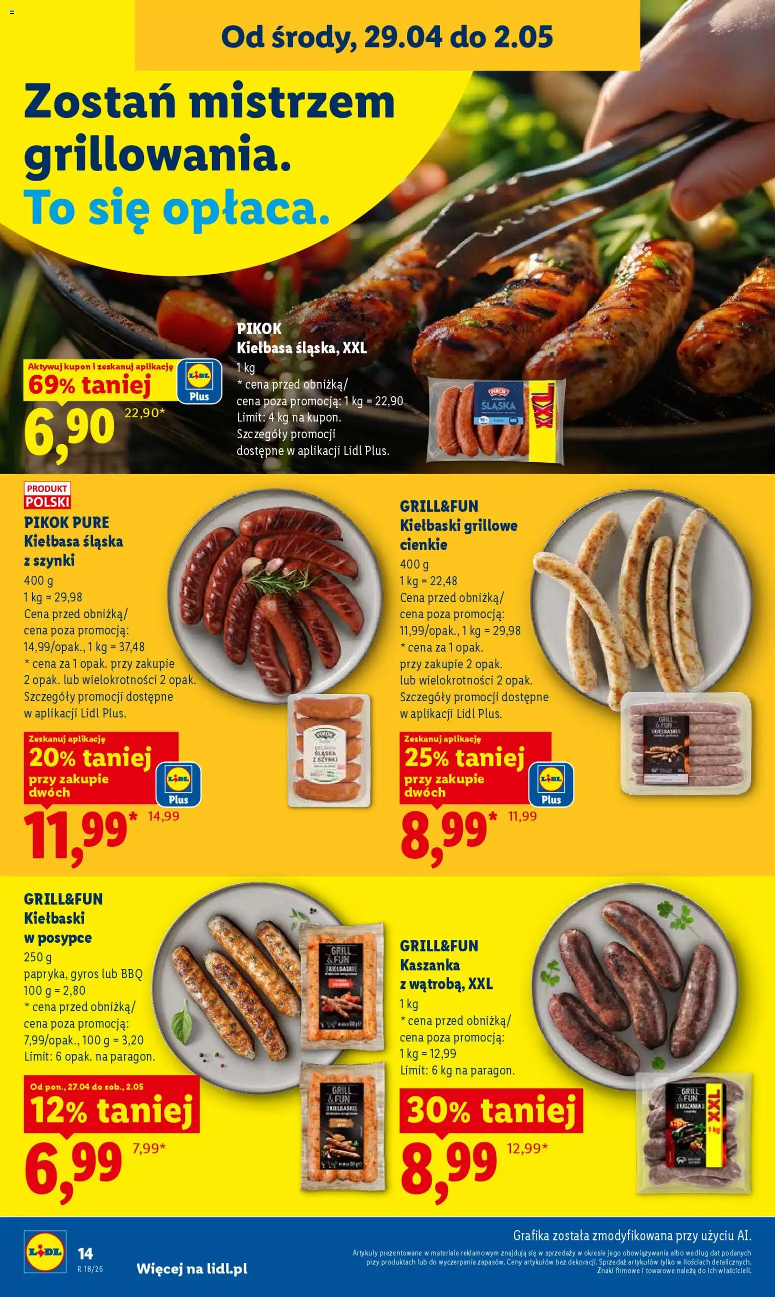 Lidl gazetka od 29.04.2026 | Strona: 14 | Produkty: Kiełbasa, Grill, Kaszanka, Kiełbaski