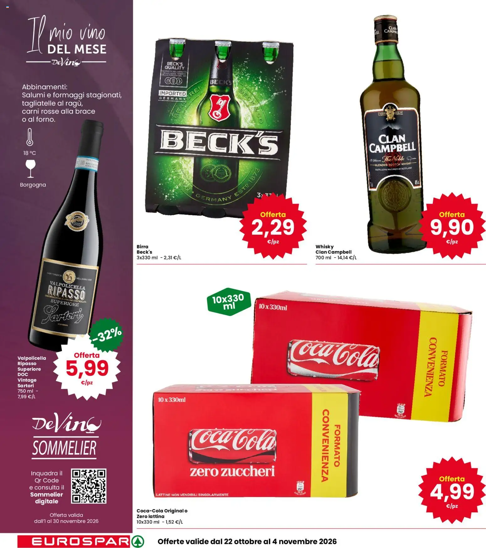Volantino Eurospar del 22/10/2026 | Pagina: 14 | Prodotti: Birra, Tagliatelle, Whisky, Vino