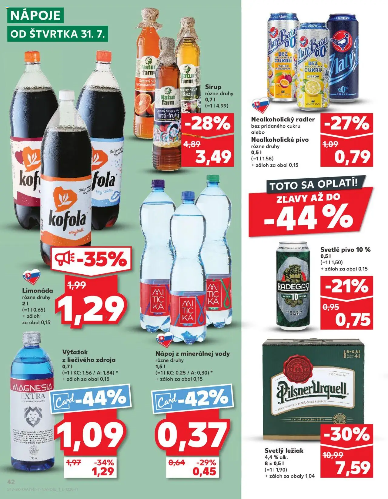 Nové Kaufland akcie – leták je platný od 31.07.2025 | Strana: 42 | Produkty: Pivo, Pilsner Urquell, Radler, Magnesia