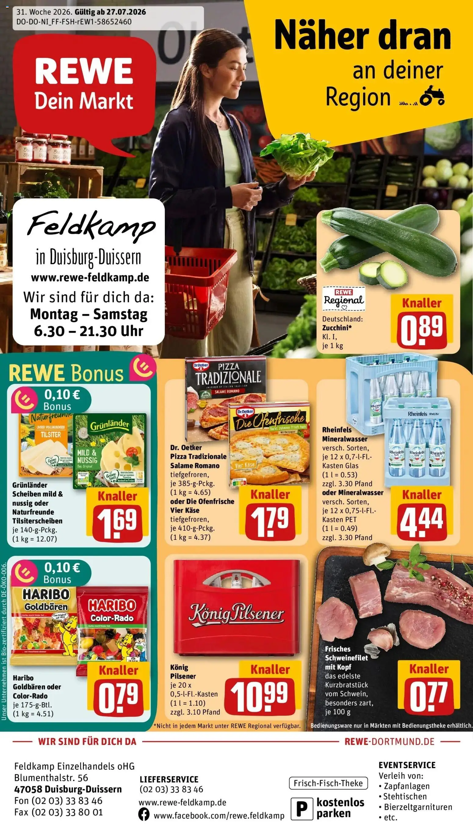 Rewe Prospekt Duisburg / Duissern – gültig ab 27.07.2026 | Seite: 1 | Produkte: Haribo, Ofenfrische, Schweinefilet, Pizza