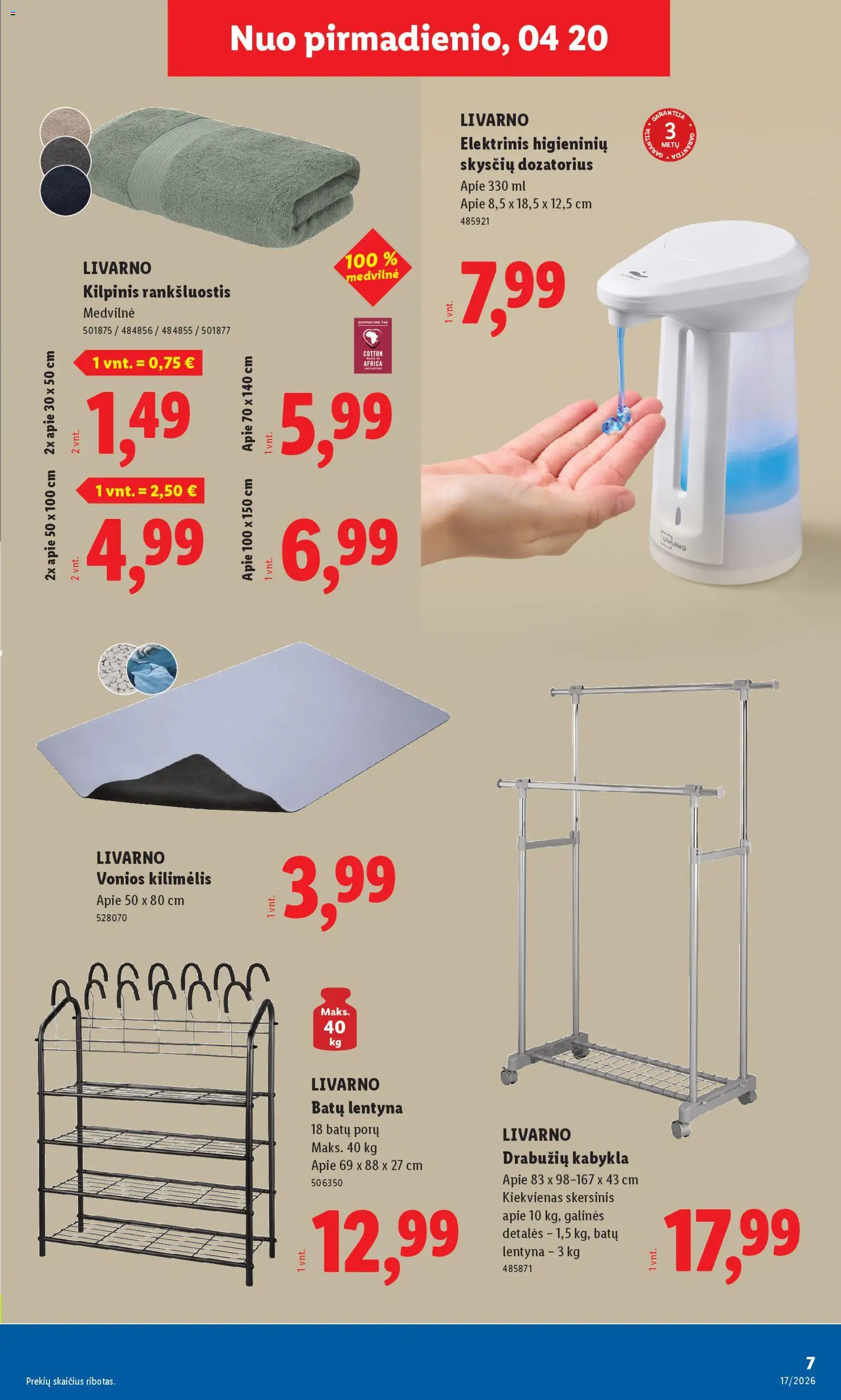 LIDL akcijos nuo 20.04.2026 | Puslapis: 7 | Prekių: Rankšluostis, Kilimėlis, Vonios kilimėlis, Lentyna