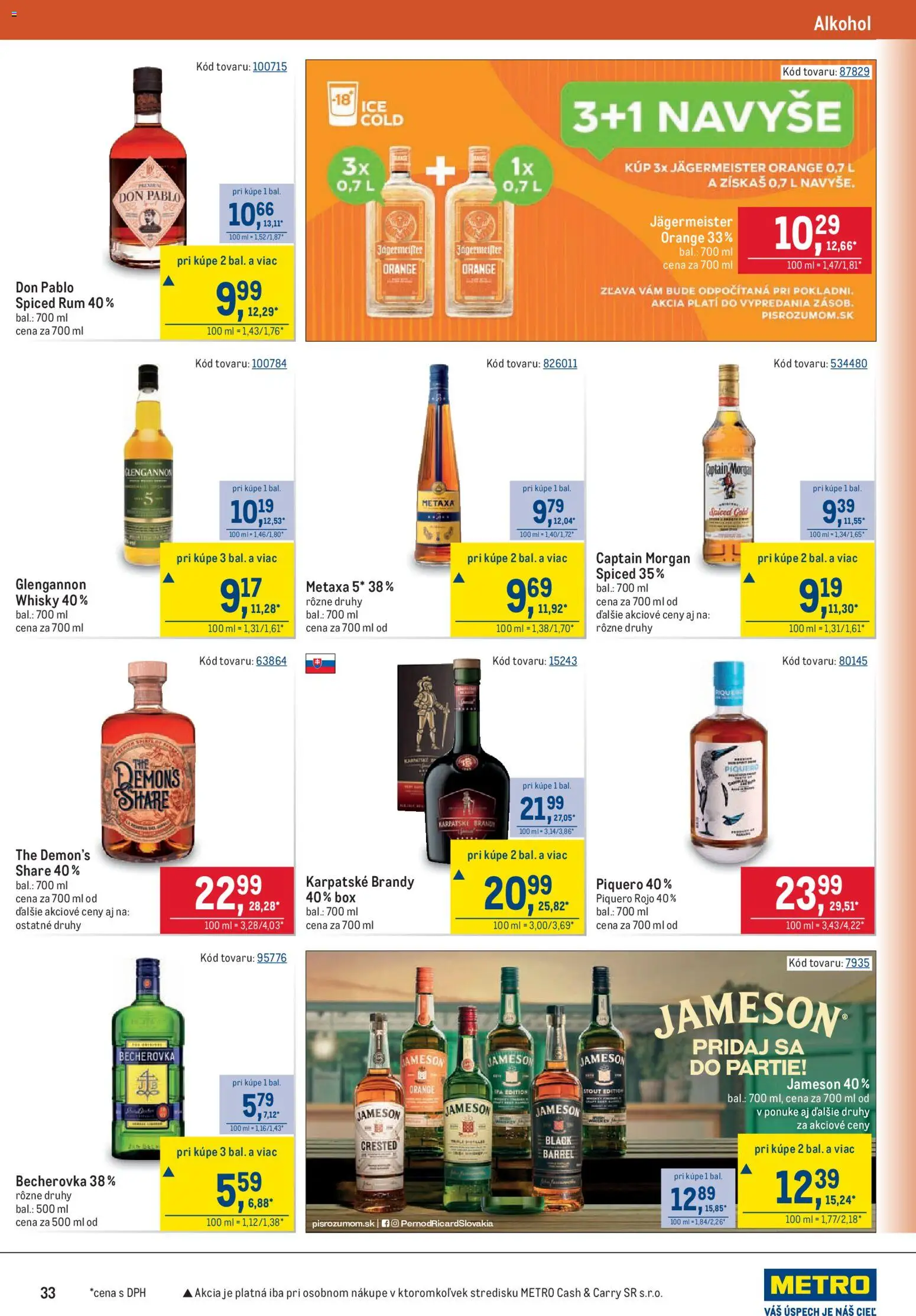 Nové Metro akcie – leták je platný od 26.08.2026 | Strana: 33 | Produkty: Becherovka, Jameson, Jägermeister Orange, Whisky