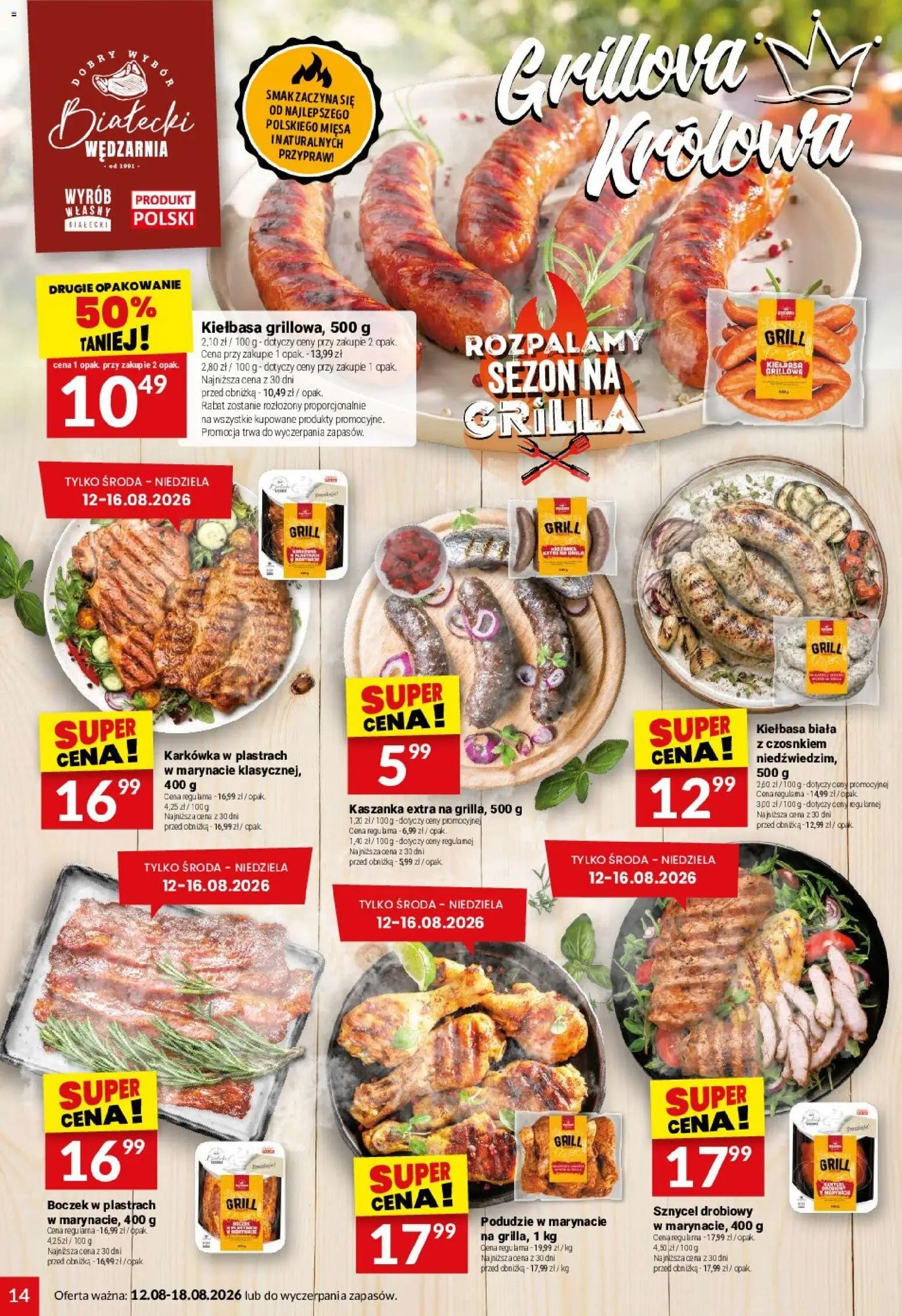 Twój Market gazetka od 12.08.2026 | Strona: 14 | Produkty: Kiełbasa, Karkówka, Grill, Kaszanka