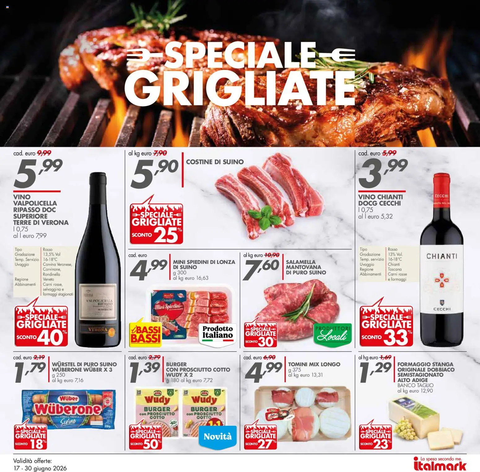 Volantino Italmark del 17.06.2026 | Pagina: 22 | Prodotti: Formaggio, Prosciutto, Vino, Spiedini
