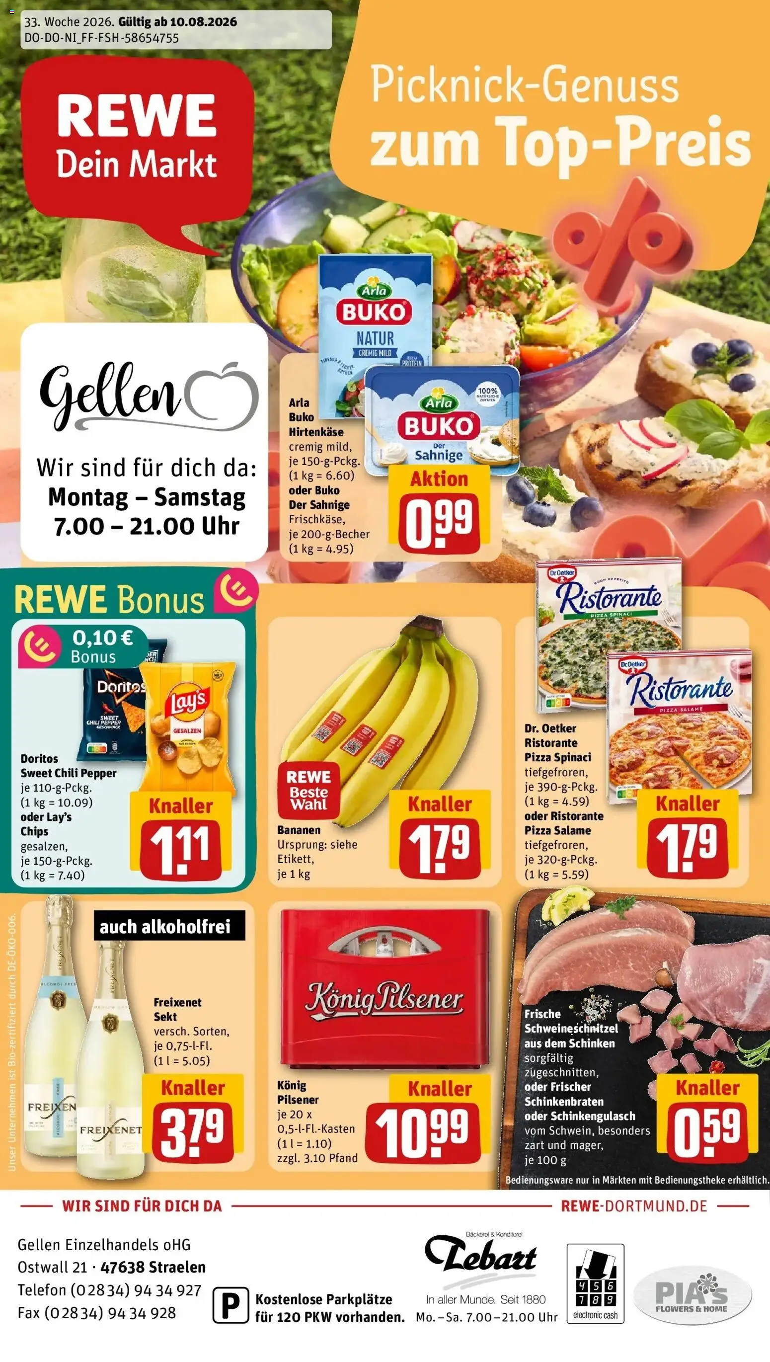 REWE Prospekt ab 10.08.2026 zum Blättern » Angebote | Seite: 1 | Produkte: Bananen, Pizza, Chips, Uhr