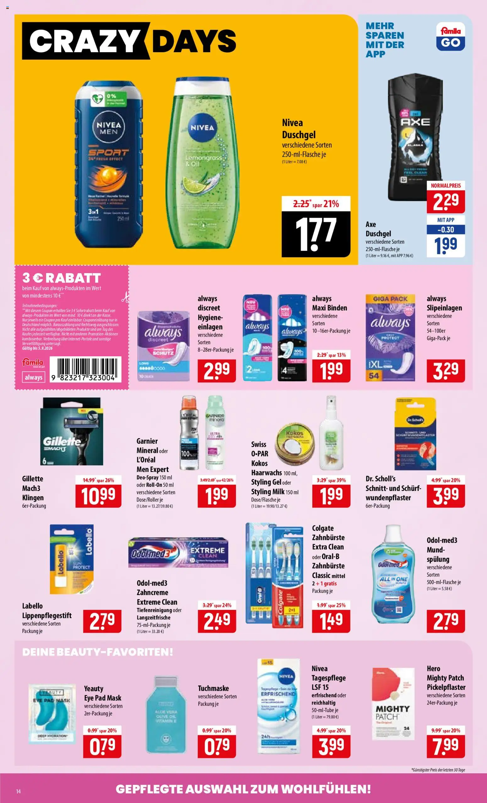 Famila Prospekt – gültig ab 31.08.2026 | Seite: 14 | Produkte: Spülung, Duschgel, Zahnbürste, Tuchmaske