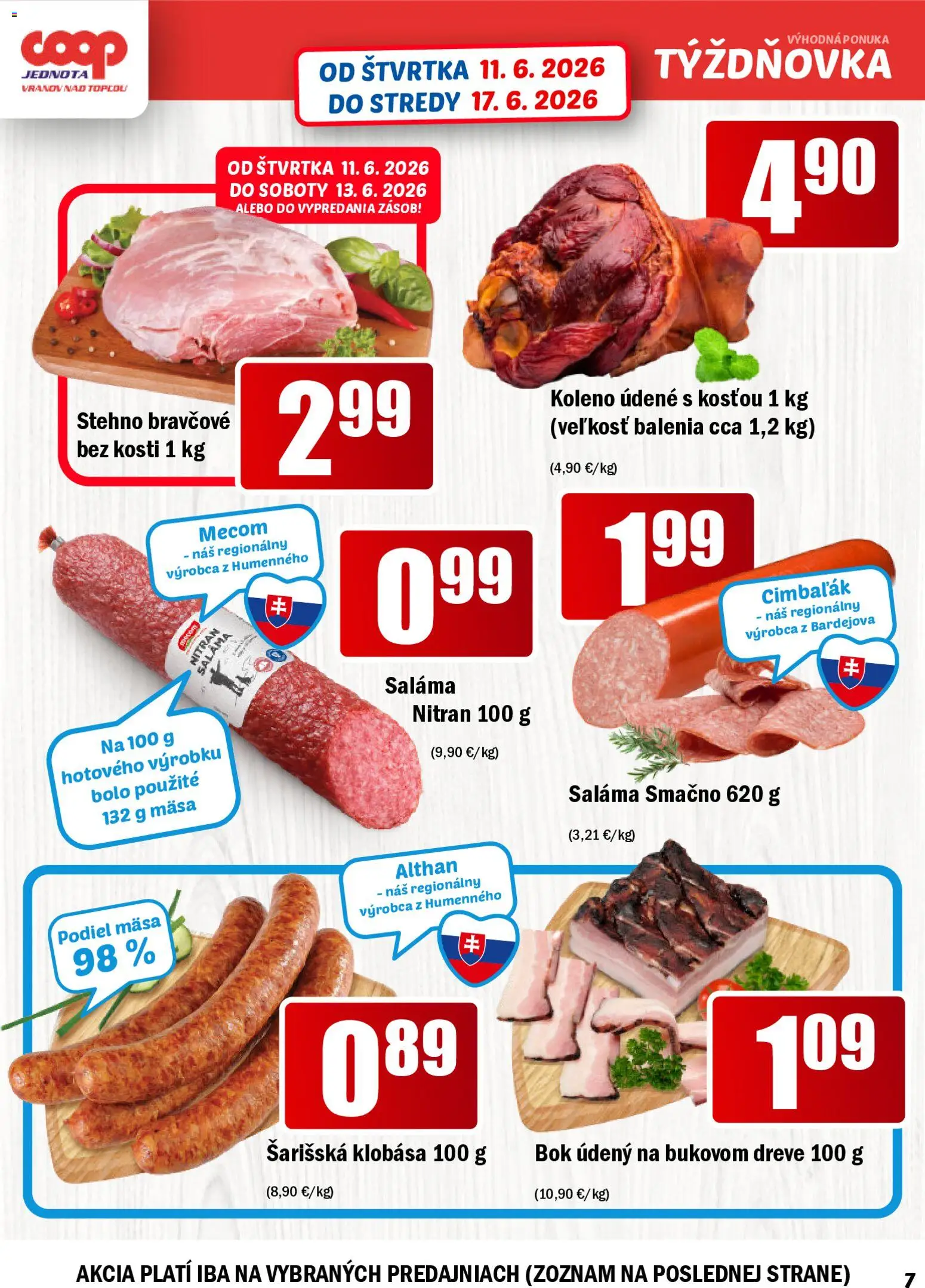 Nové COOP Jednota akcie – leták je platný od 11.06.2026 | Strana: 7 | Produkty: Saláma, Klobása, Bravčové koleno