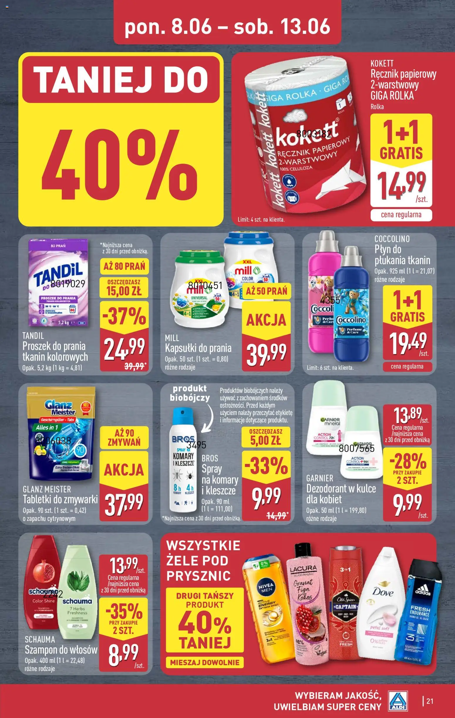 Aldi gazetka od 08.06.2026 | Strona: 21 | Produkty: Coccolino, Proszek do prania, Ręcznik papierowy, Old spice