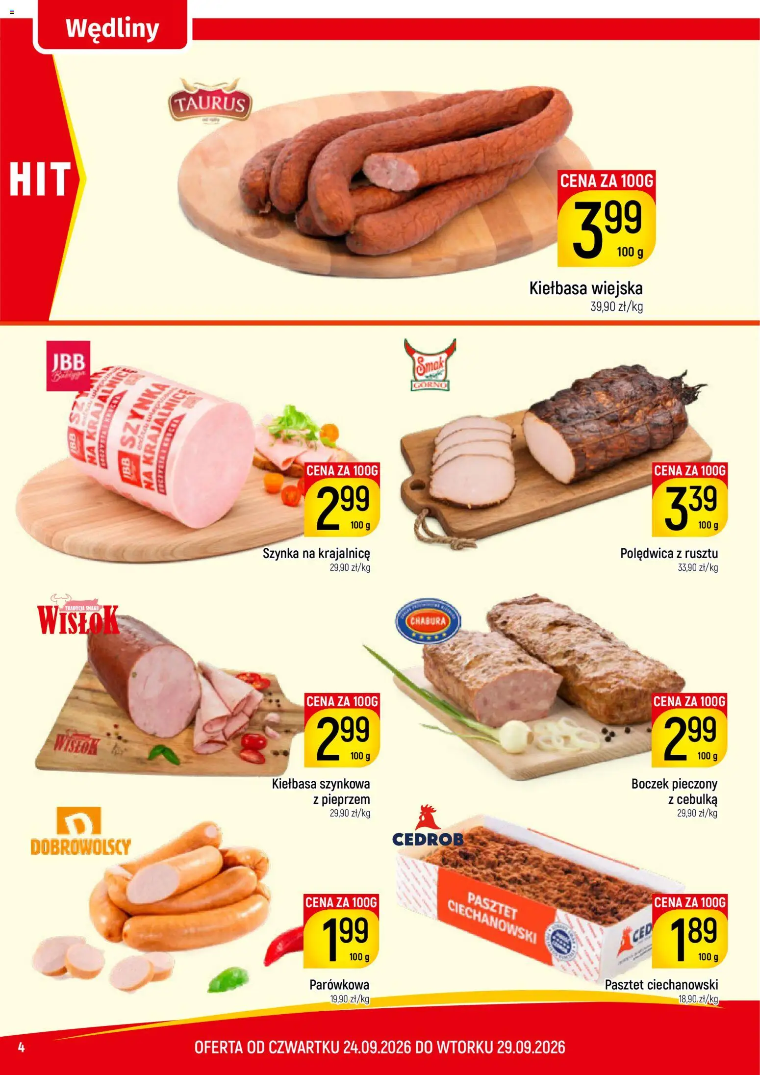 Piotruś Pan gazetka od 24.09.2026 | Strona: 4 | Produkty: Kiełbasa, Pasztet, Szynka, Boczek