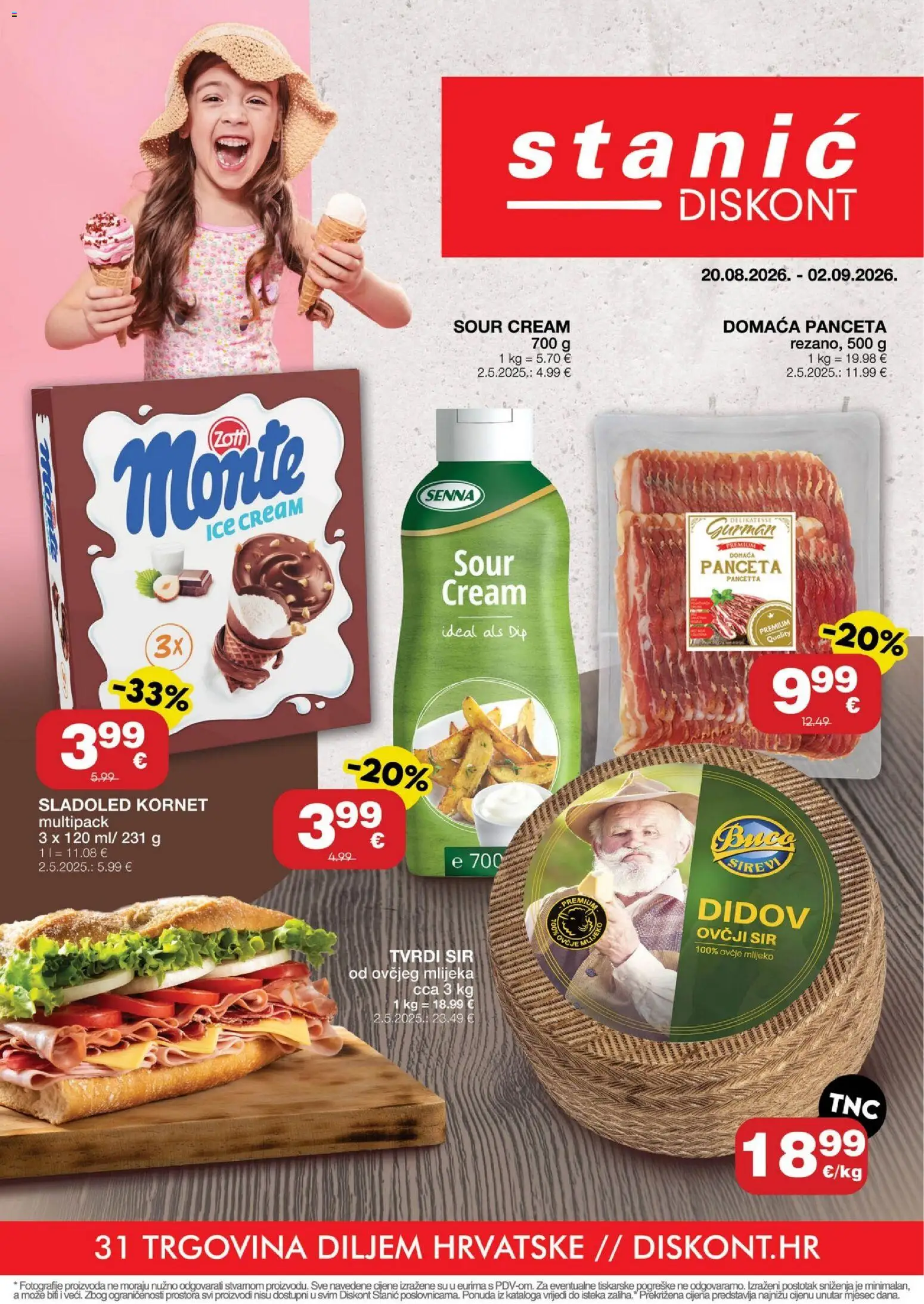 Stanić Diskont katalog | vrijedi od 20.08.2026 | Stranica: 1 | Proizvodi: Mlijeko, Sir, Panceta, Kornet