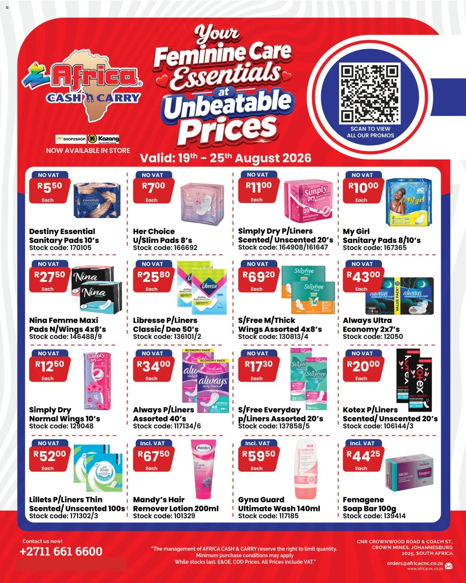 New Africa Cash & Carry catalogue – valid from 19/08/2026 | Page: 1 | Products: Pads, Stock, Soap, Lotion