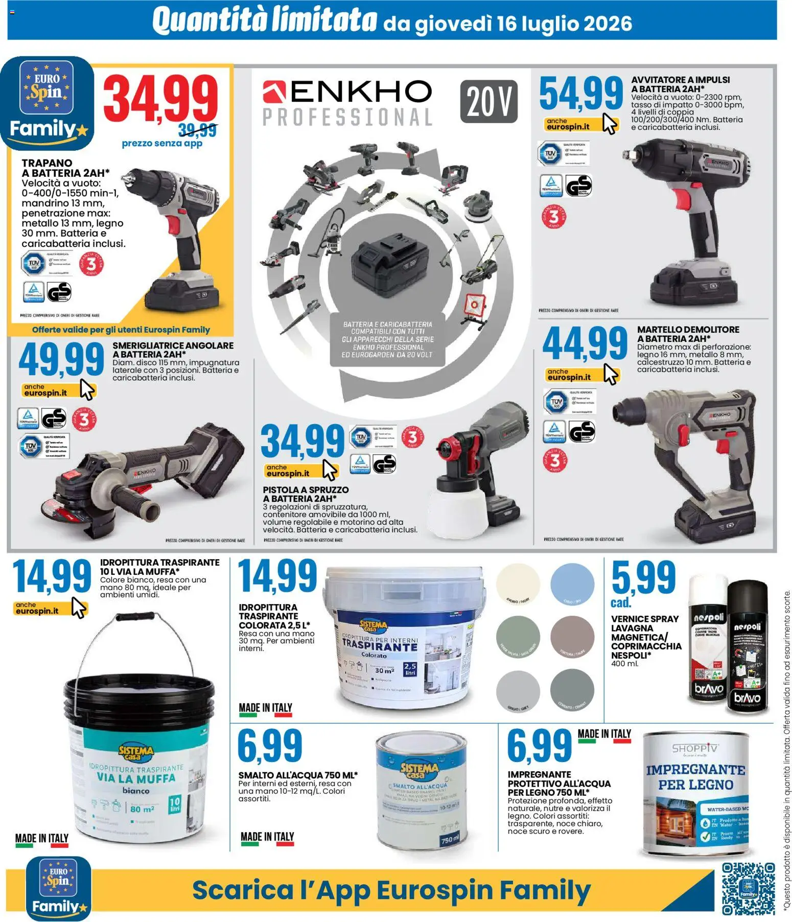 Volantino Eurospin del 16/07/2026 | Pagina: 12 | Prodotti: Avvitatore, Impregnante, Disco, Smerigliatrice
