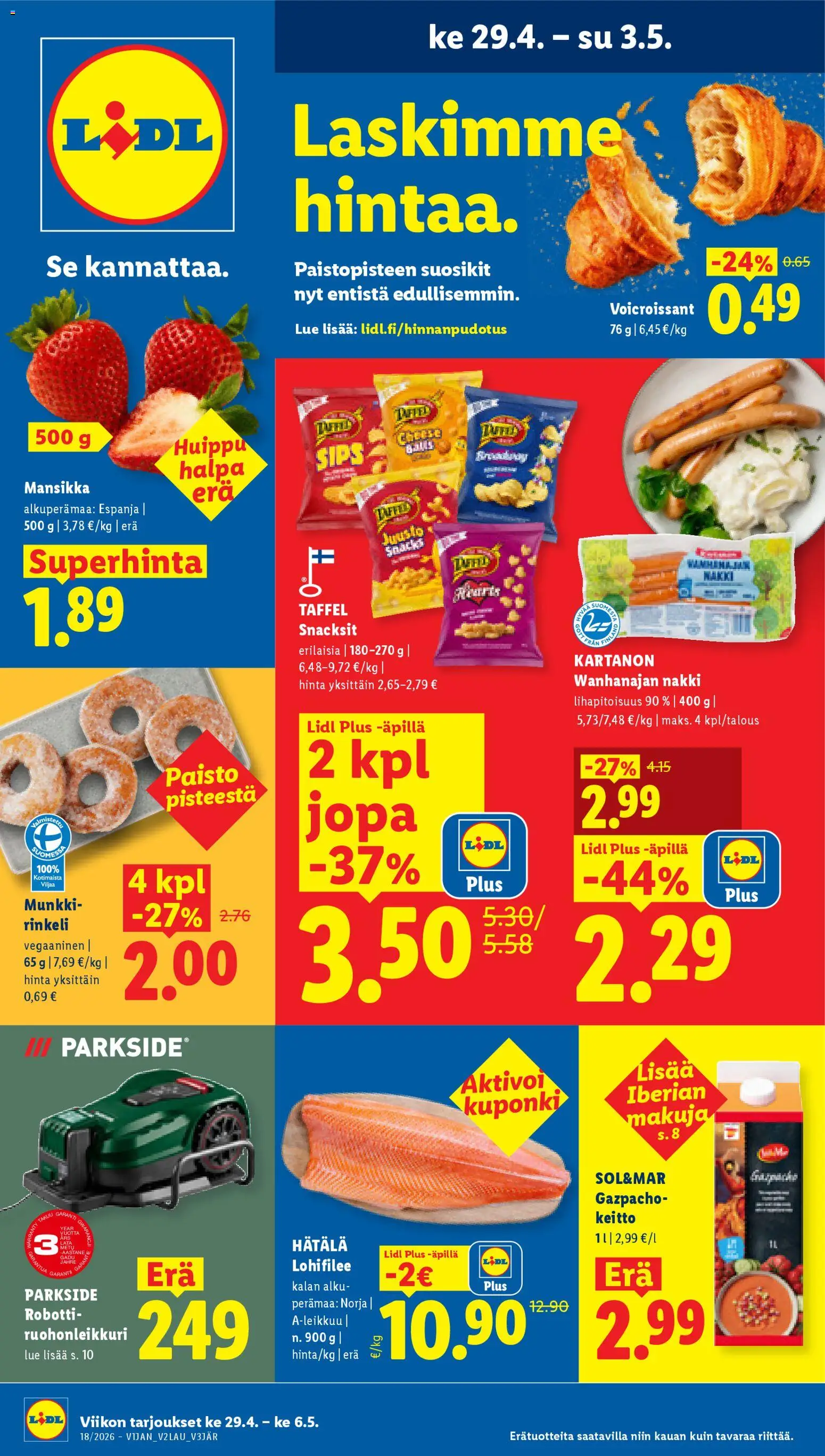 Lidl tarjoukset - Helsinki – voimassa 29.04.2026 alkaen | Sivu: 1 | Tuotteet: Robotti, Ruohonleikkuri, Keitto, Juusto