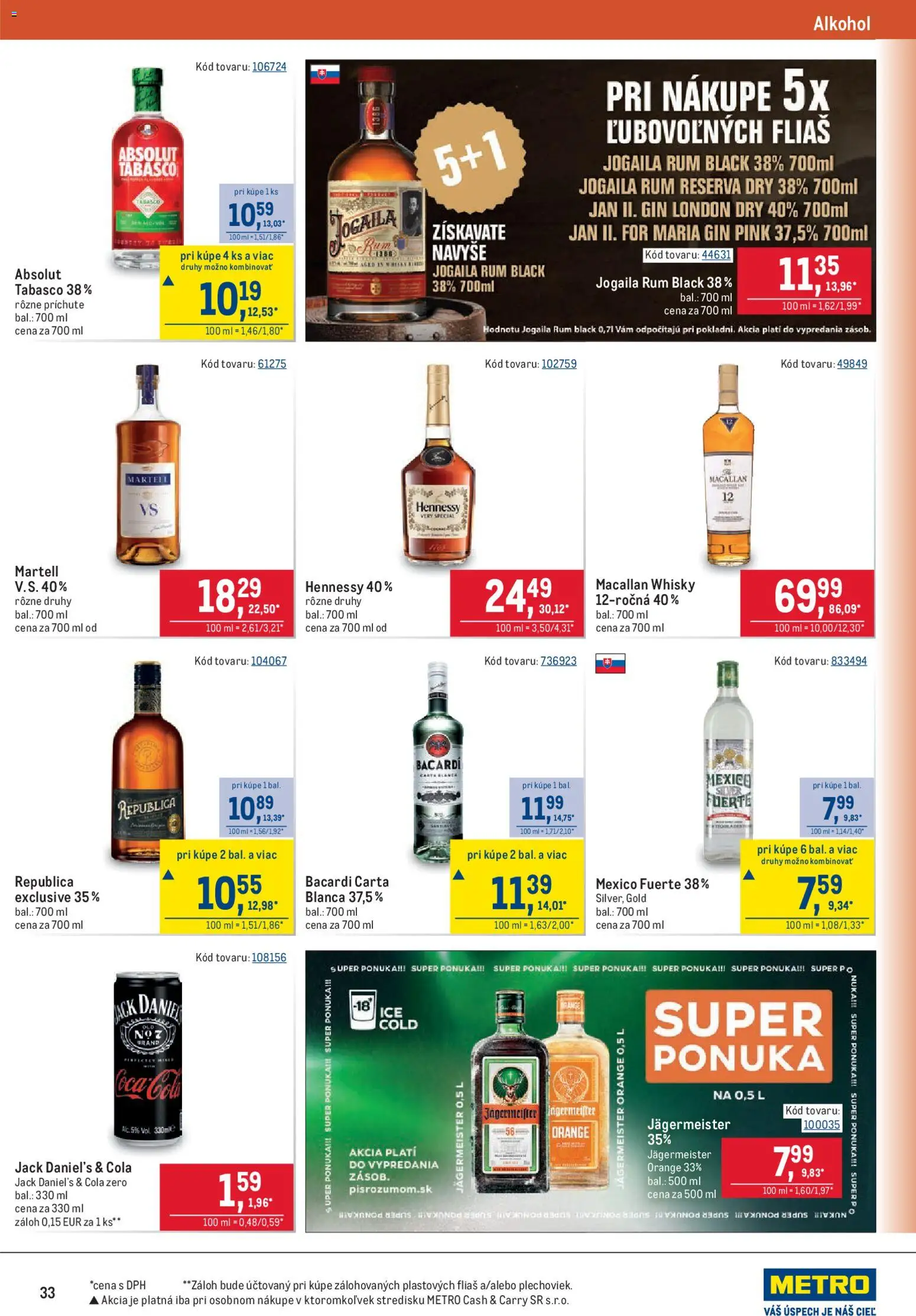 Nové Metro akcie – leták je platný od 06.05.2026 | Strana: 33 | Produkty: Whisky, Coca cola, Hennessy, Jack Daniel's