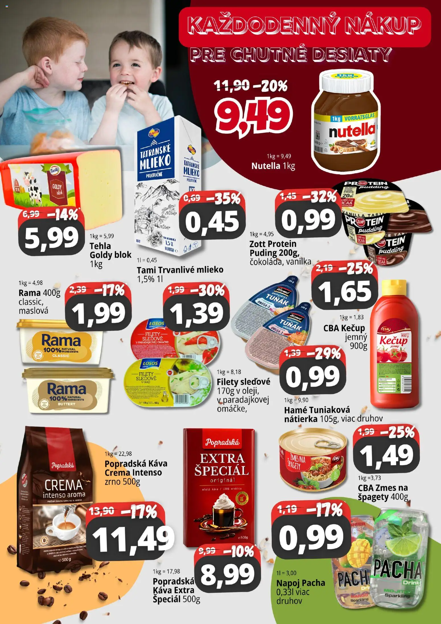 Nové CBA Komfos akcie – leták je platný od 01.09.2026 | Strana: 2 | Produkty: Popradská káva, Nátierka, Trvanlivé mlieko, Špagety