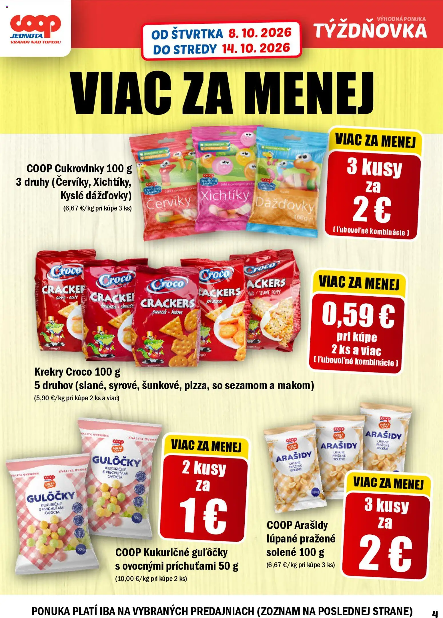 Nové COOP Jednota akcie – leták je platný od 08.10.2026 | Strana: 4 | Produkty: Pizza, Krekry, Cukrovinky, Arašidy