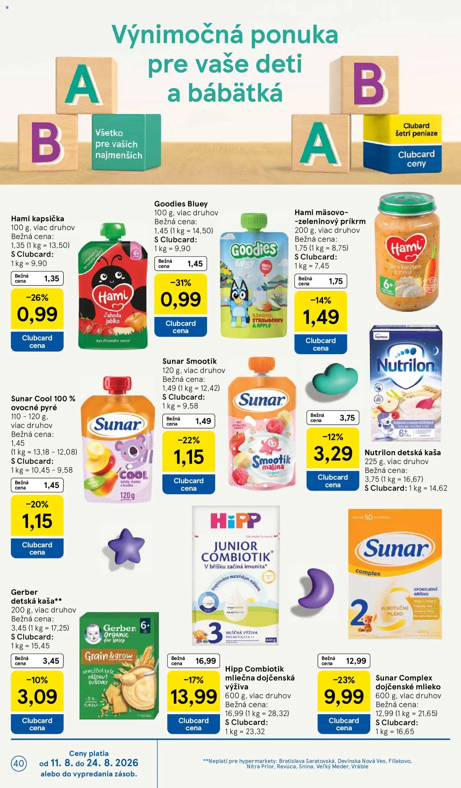 Nové Tesco akcie – leták je platný od 12.08.2026 | Strana: 40 | Produkty: Jogurt, Zeleninový príkrm, Kaša, Dojčenské mlieko
