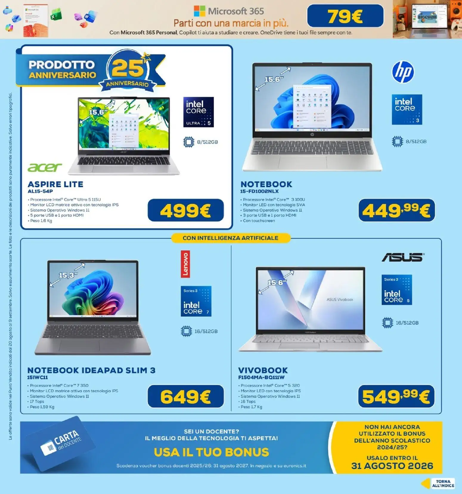 Volantino Euronics del 20/08/2026 | Pagina: 4 | Prodotti: Monitor, Notebook, Porta, USB