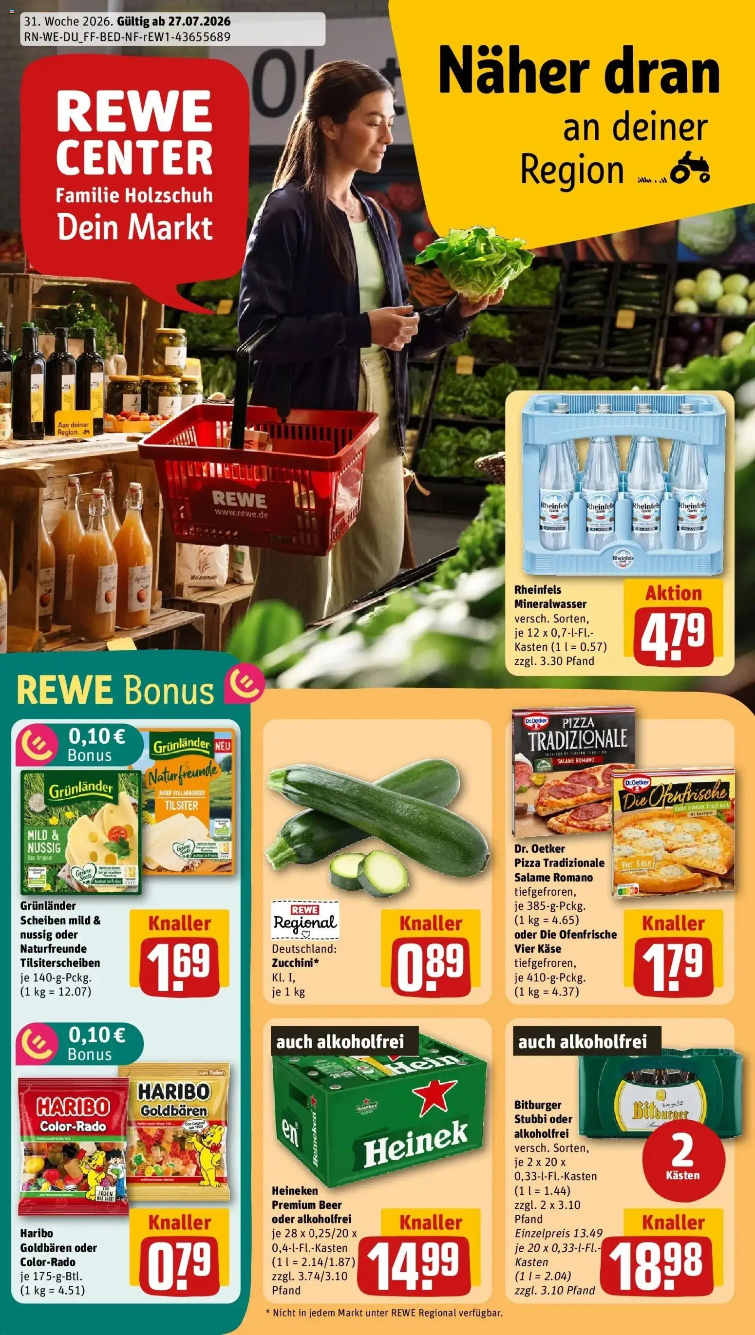 Rewe Prospekt Krefeld – gültig ab 27.07.2026 | Seite: 1 | Produkte: Haribo, Weizenmehl, Heineken, Pizza