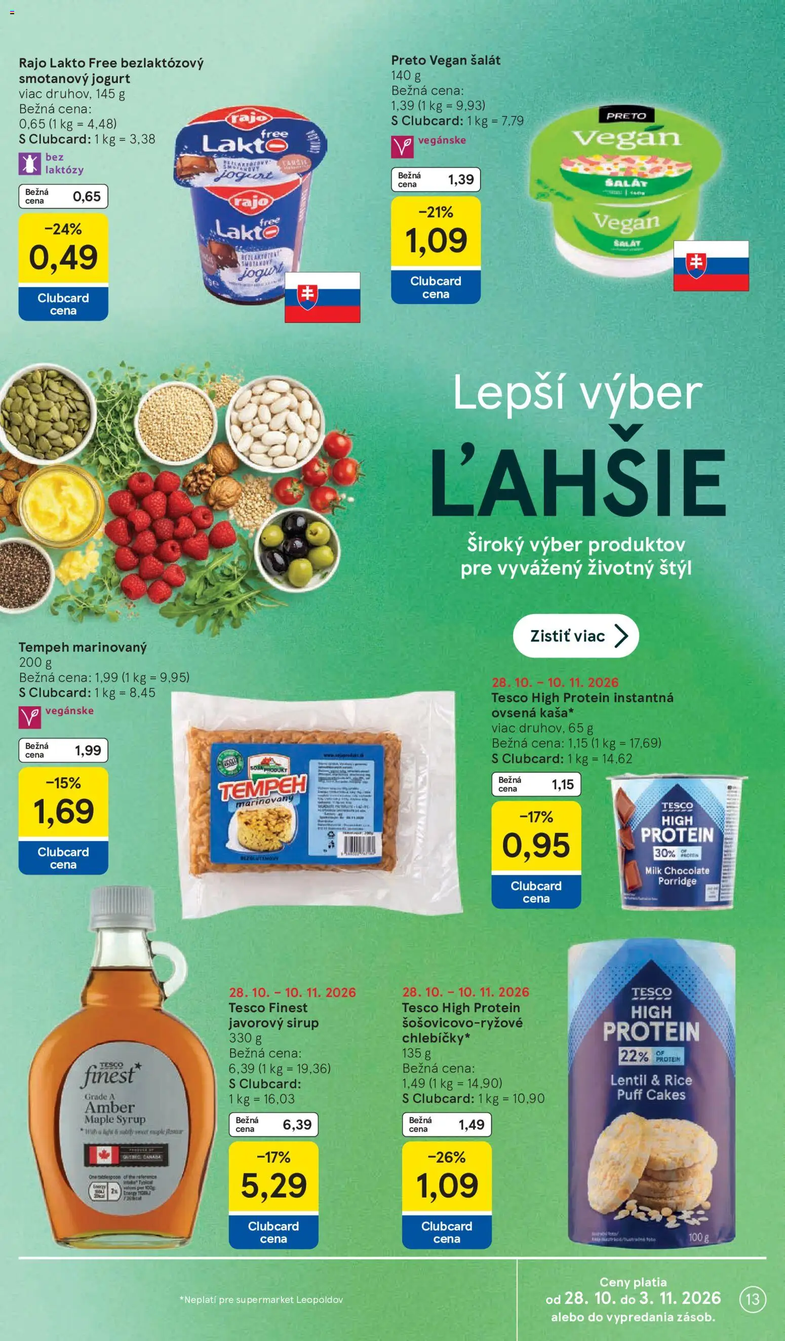 Nové Tesco akcie – leták je platný od 28.10.2026 | Strana: 13 | Produkty: Jogurt, Protein, Smotanový jogurt, Tempeh