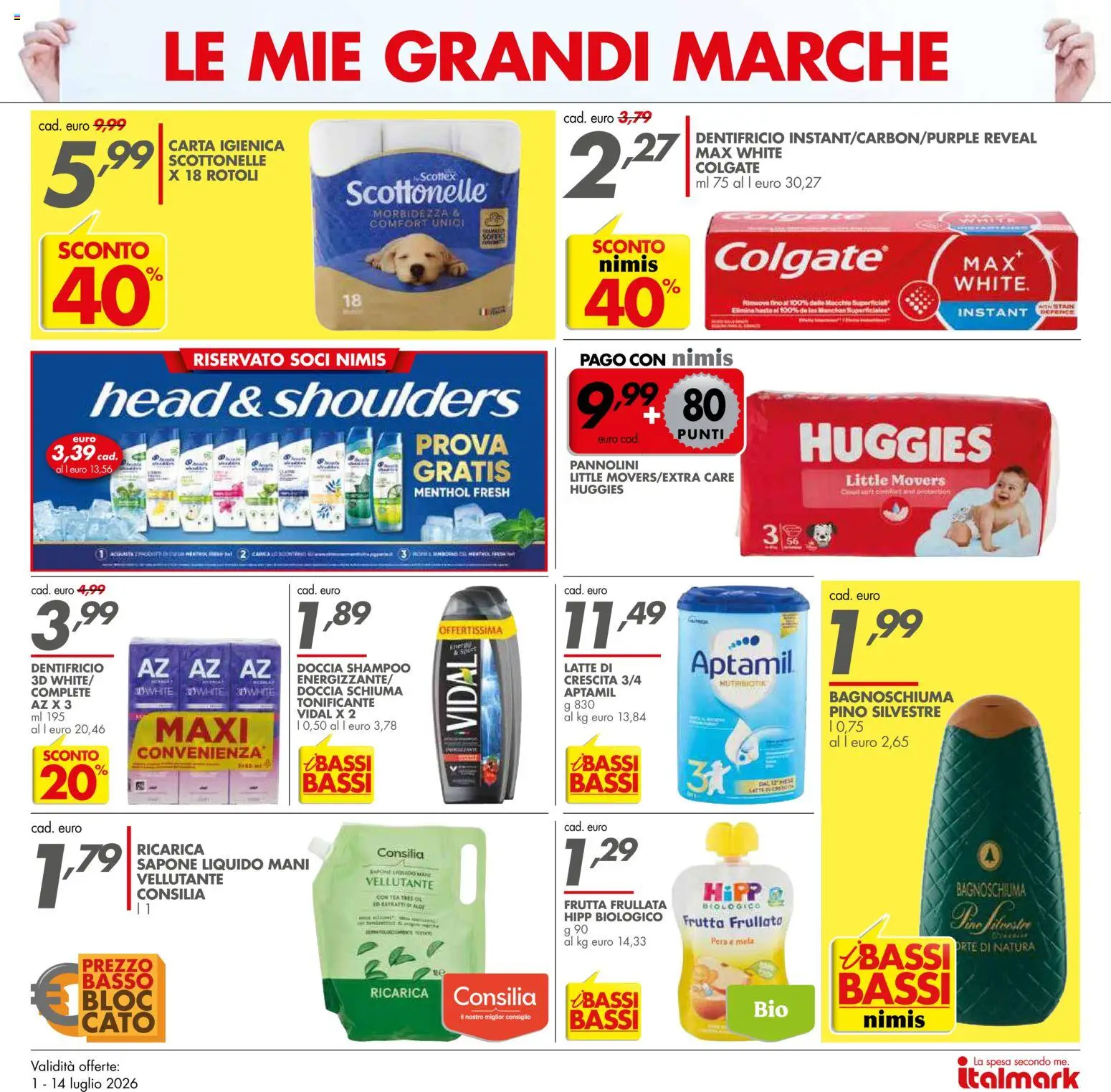 Volantino Italmark del 01/07/2026 | Pagina: 4 | Prodotti: Shampoo, Pannolini, Dentifricio, Latte