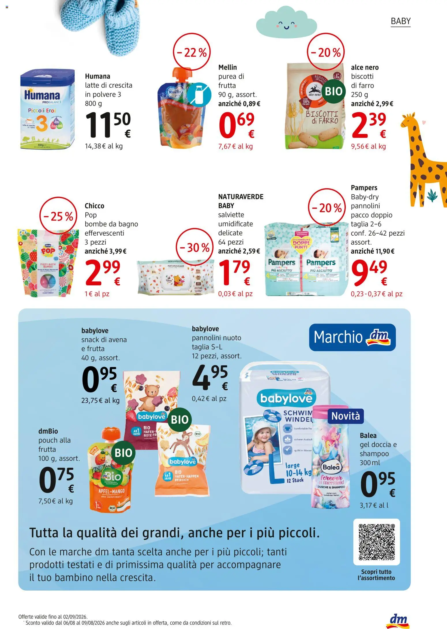 Volantino dm drogerie markt del 06/08/2026 | Pagina: 11 | Prodotti: Pannolini, Biscotti, Frutta, Bagno