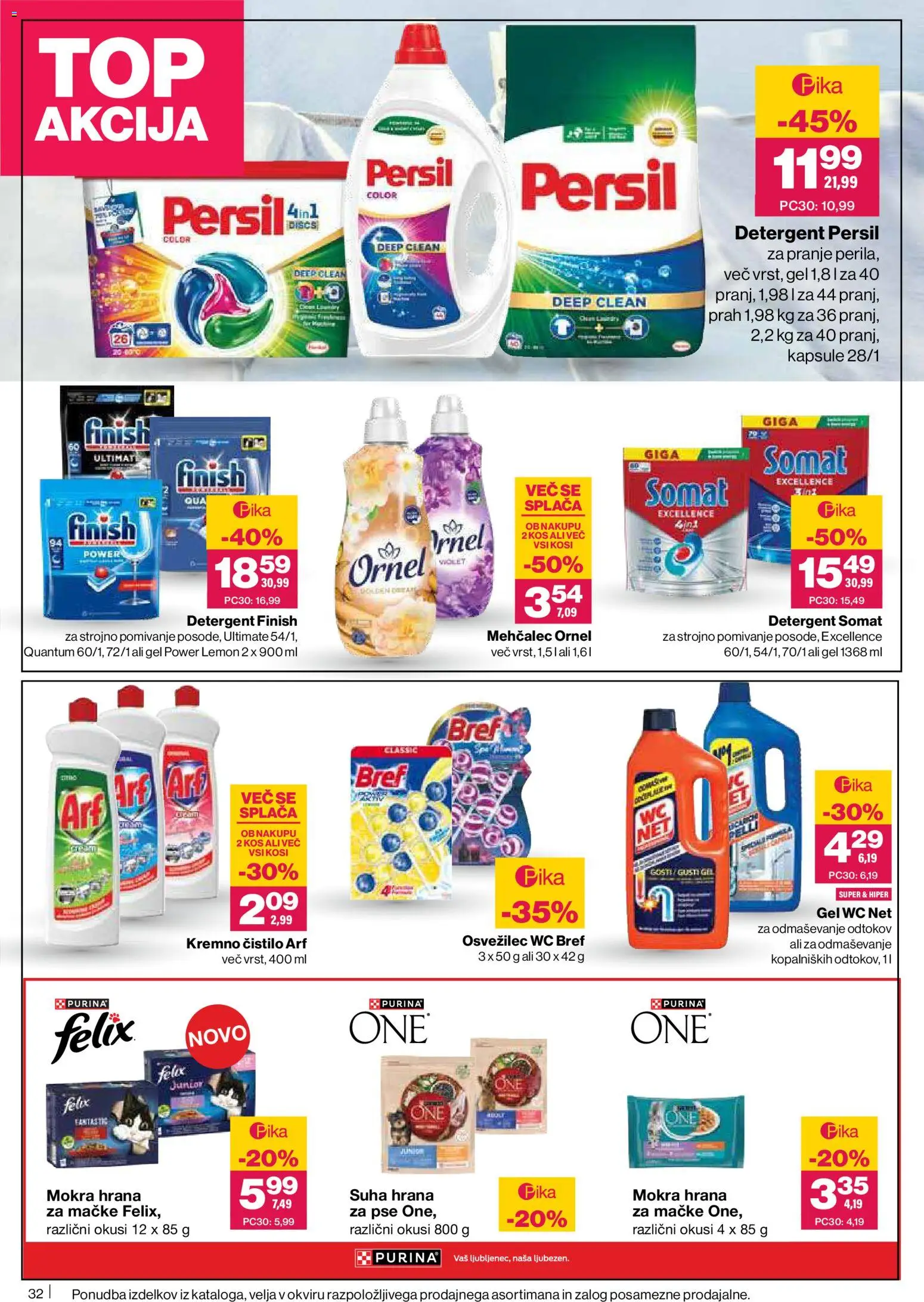 Novi Mercator katalog ponudbe – veljaven od 26.06.2026 | Stran: 32 | Izdelki: Hrana za mačke, Hrana za pse, Kos, Detergent
