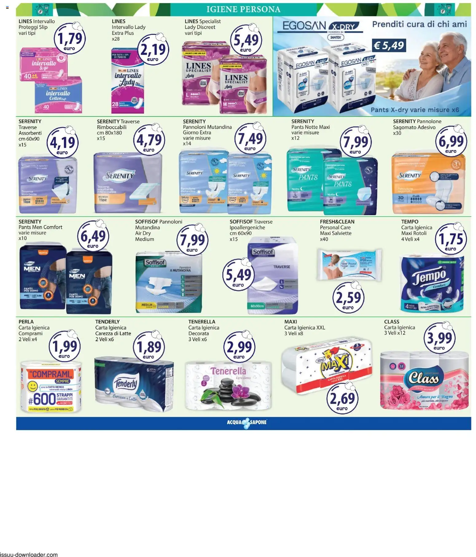 Volantino Acqua e Sapone del 18.06.2026 | Pagina: 12 | Prodotti: Carta igienica, Proteggi slip, Slip, Latte