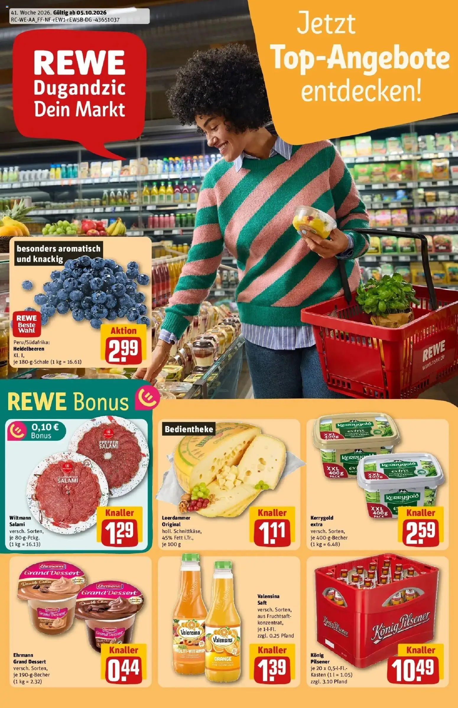 REWE Prospekt ab 05.10.2026 zum Blättern » Angebote | Seite: 1 | Produkte: Leerdammer, Heidelbeeren, Saft, Fruchtsaft
