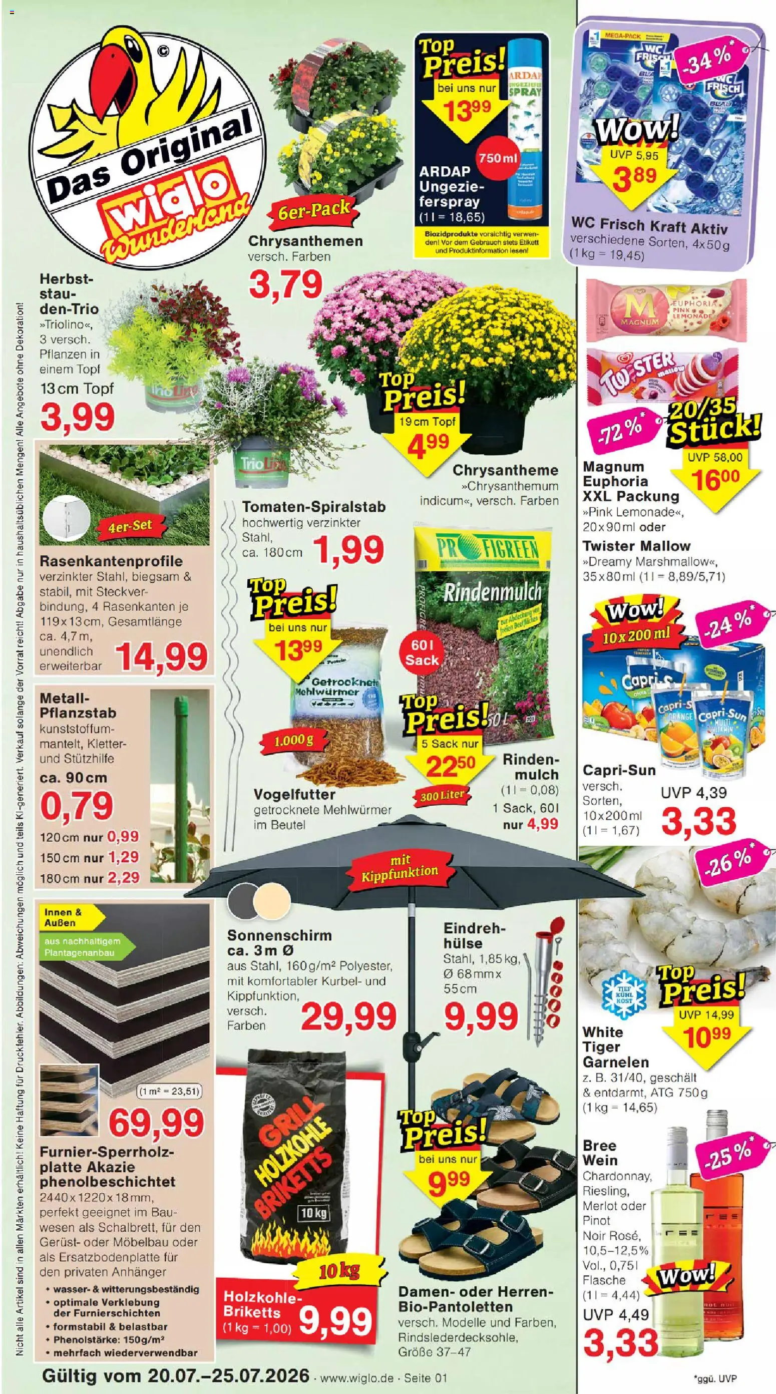 Wiglo Wunderland Prospekt – gültig ab 20.07.2026 | Seite: 1 | Produkte: Rindenmulch, Sonnenschirm, Wein, Tiger garnelen