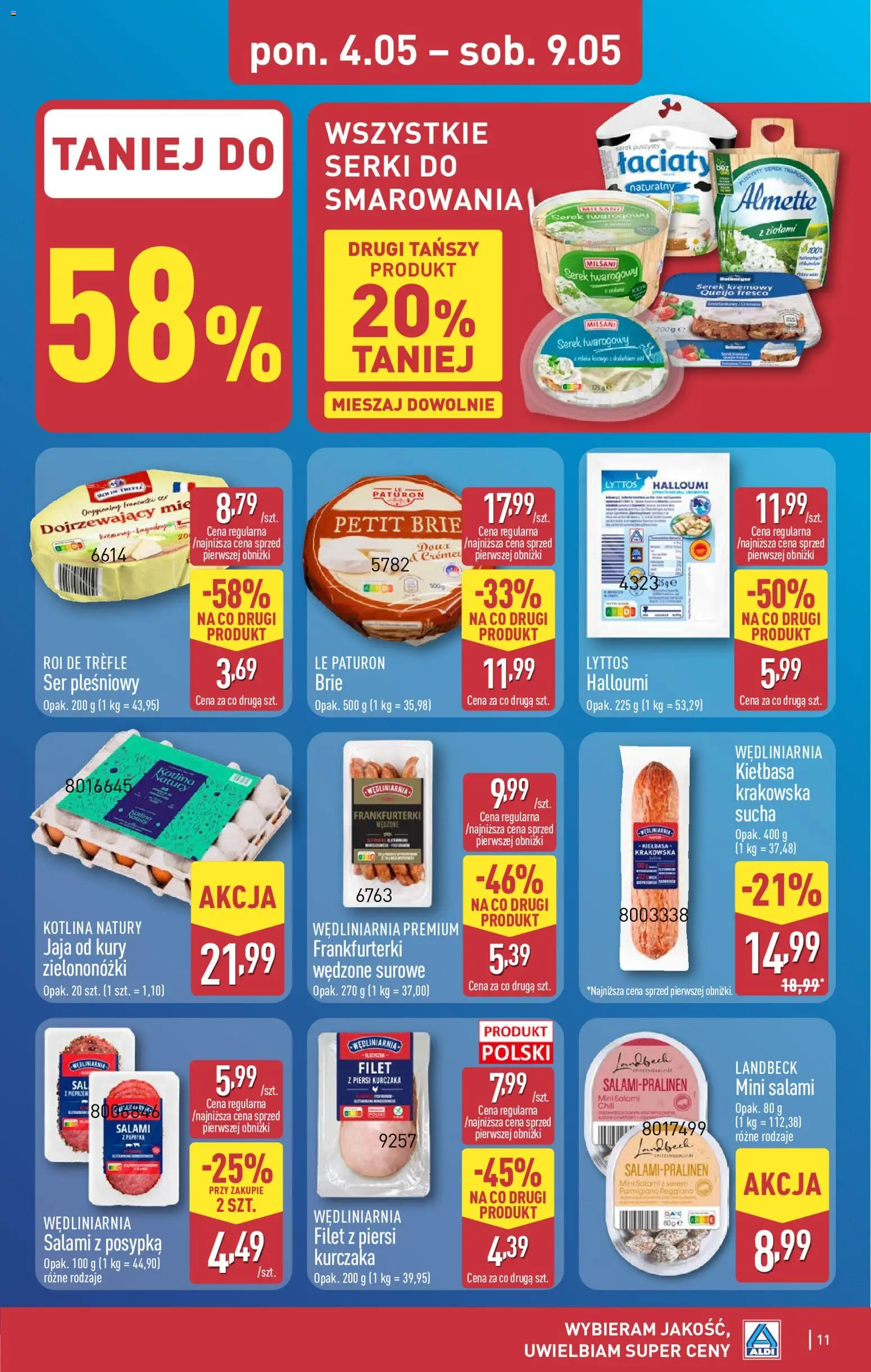 Aldi gazetka od 04.05.2026 | Strona: 11 | Produkty: Kiełbasa, Frankfurterki, Mleka, Jaja