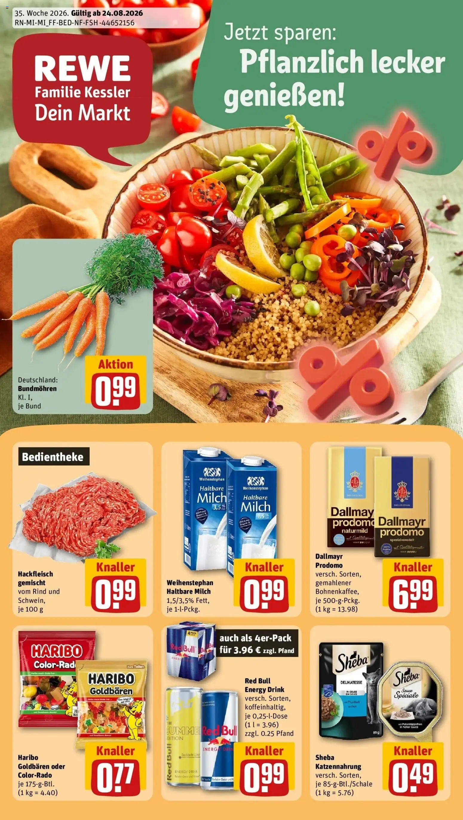 REWE Prospekt ab 24.08.2026 zum Blättern » Angebote | Seite: 1 | Produkte: Red bull, Energy, Haltbare milch, Hackfleisch