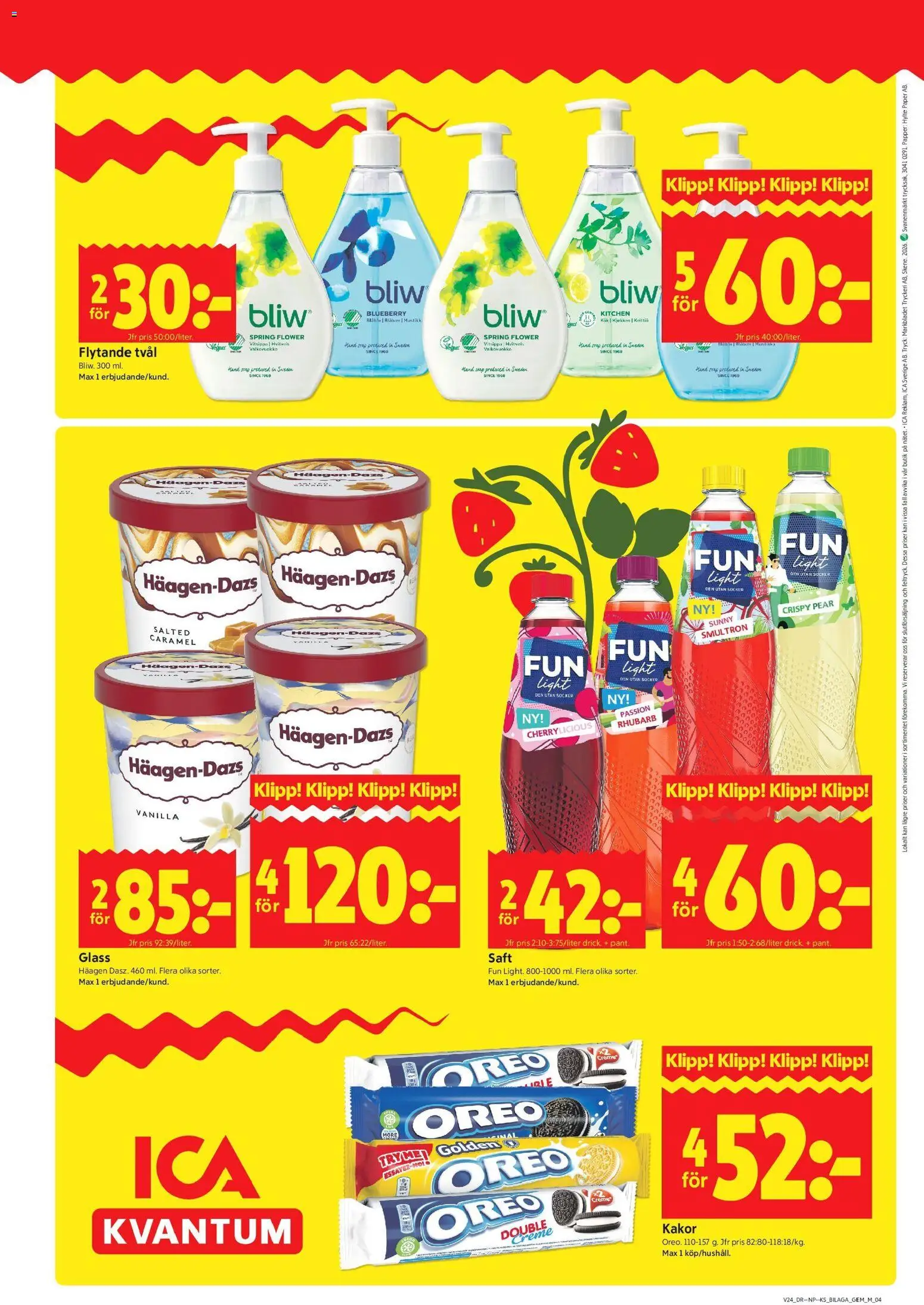 ICA Kvantum reklamblad aktuell från 08.06.2026 | Sida: 12 | Produkter: Tvål, Oreo, Papper, Glass