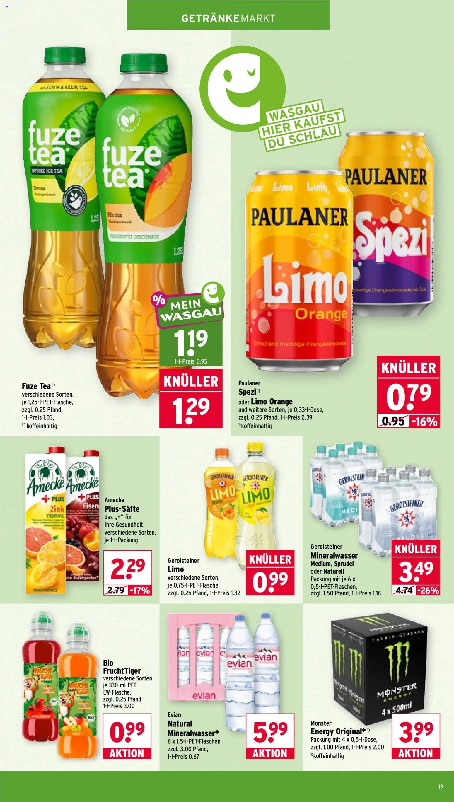 Wasgau Prospekt – gültig ab 07.09.2026 | Seite: 19 | Produkte: Fuze tea, Energy, Monster, Paulaner