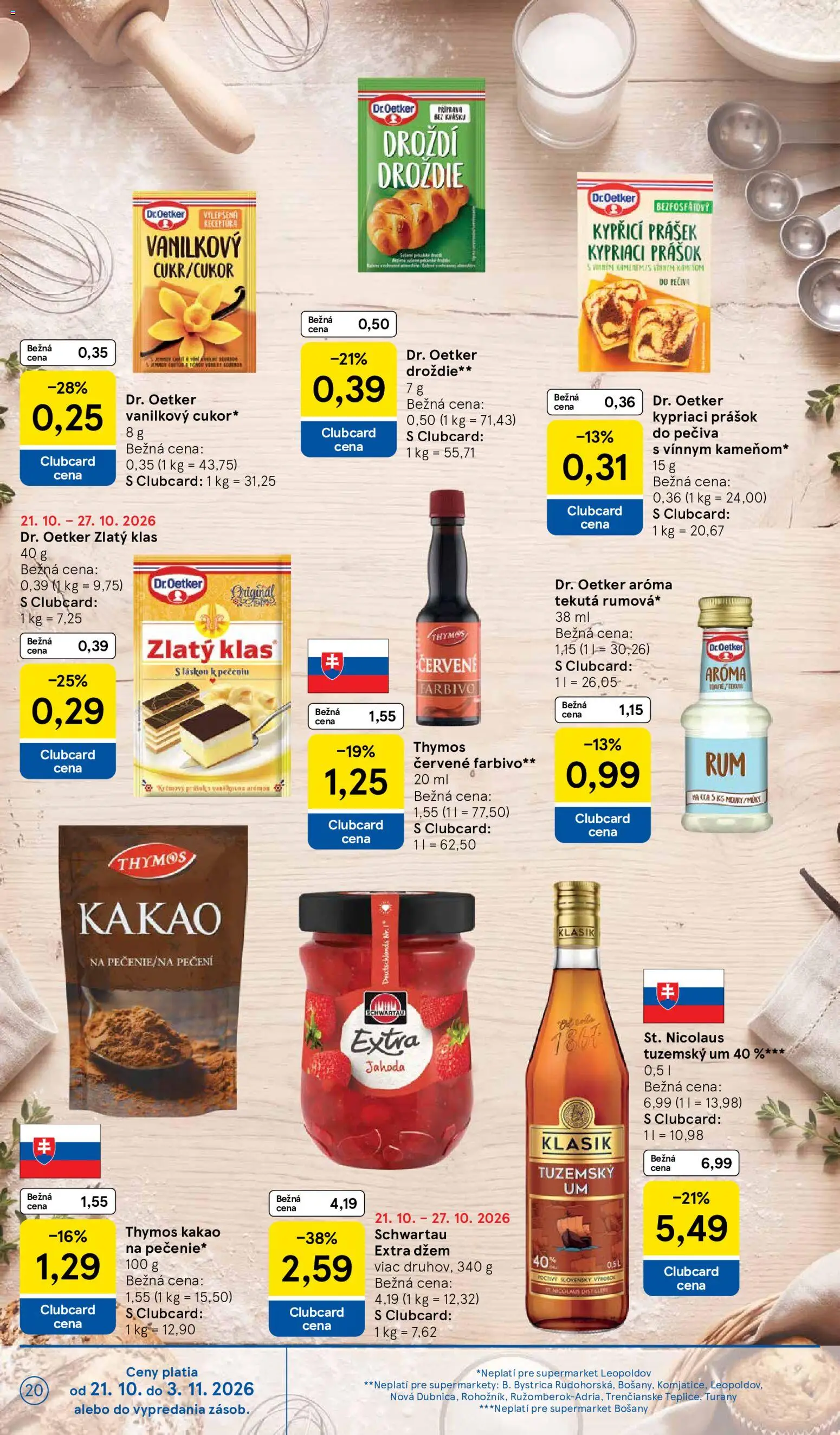 Nové Tesco akcie – leták je platný od 21.10.2026 | Strana: 20 | Produkty: Džem, Prášok do pečiva, Zlatý klas, Droždie