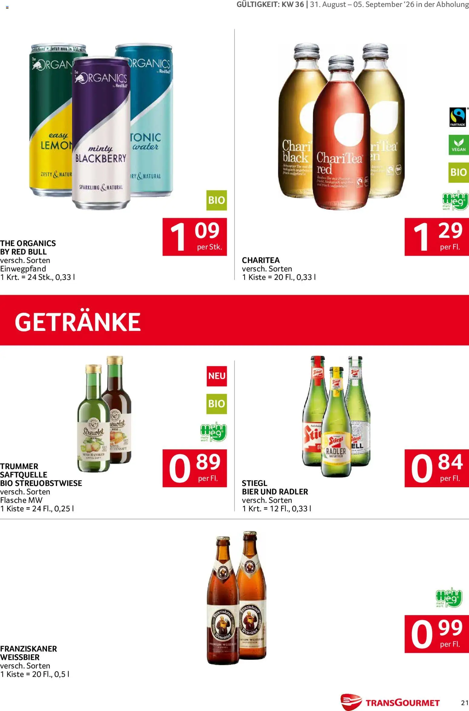 Transgourmet Flugblatt gültig ab 31.08.2026 | Seite: 21 | Produkte: Getränke, Box, Radler, Bier